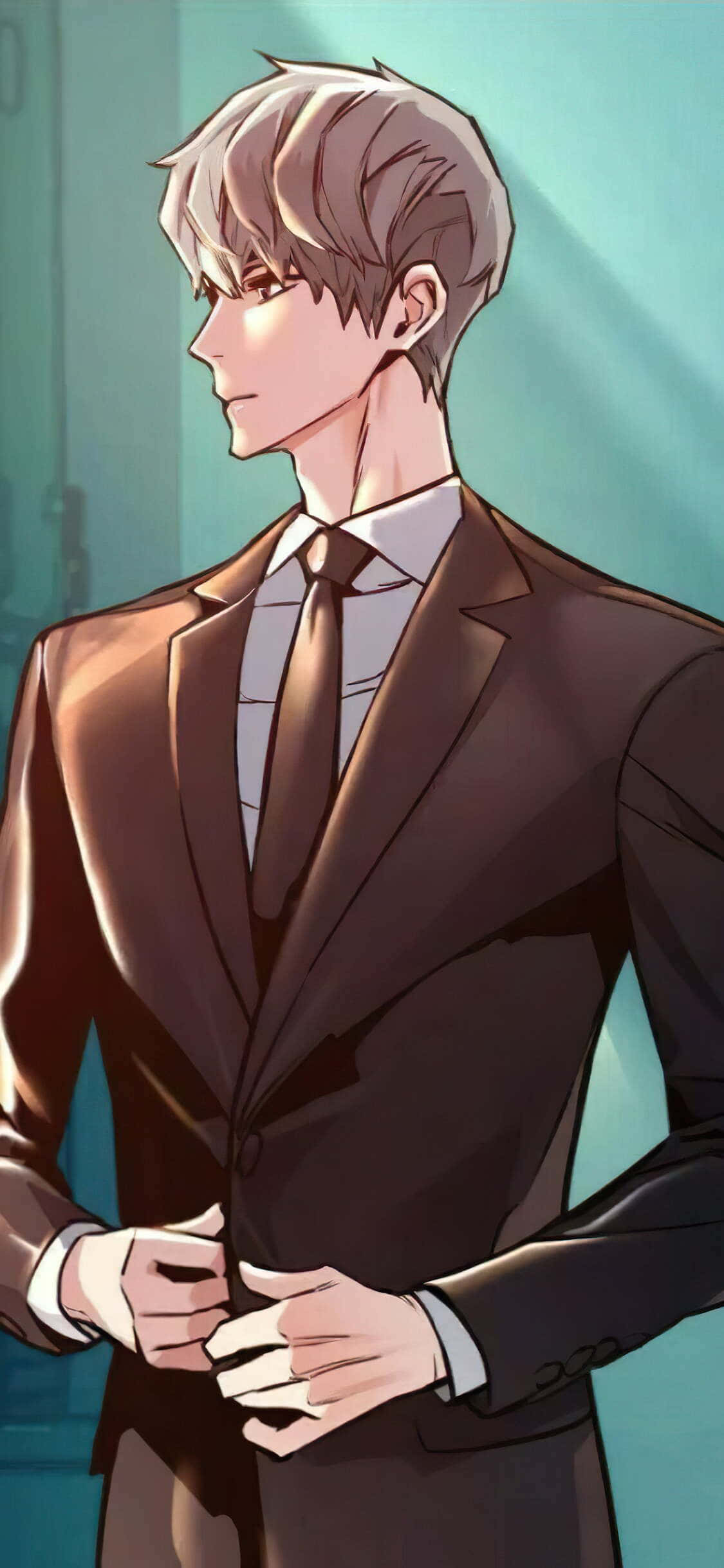 silver hair, brown suit, teal background, Full HD Phone Wallpaper
