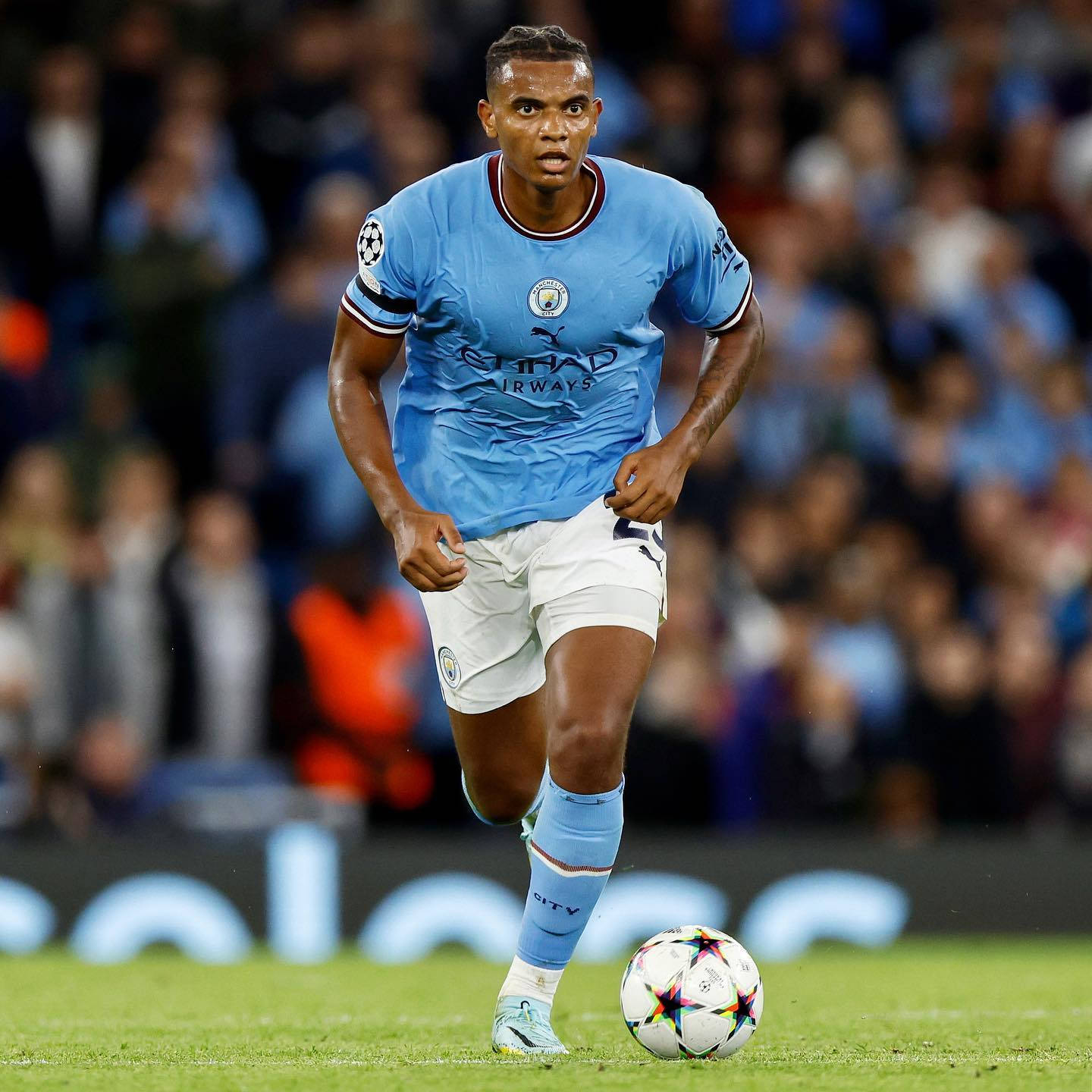 Manuel Akanji, light blue jersey, colorful ball, HD Desktop Wallpaper
