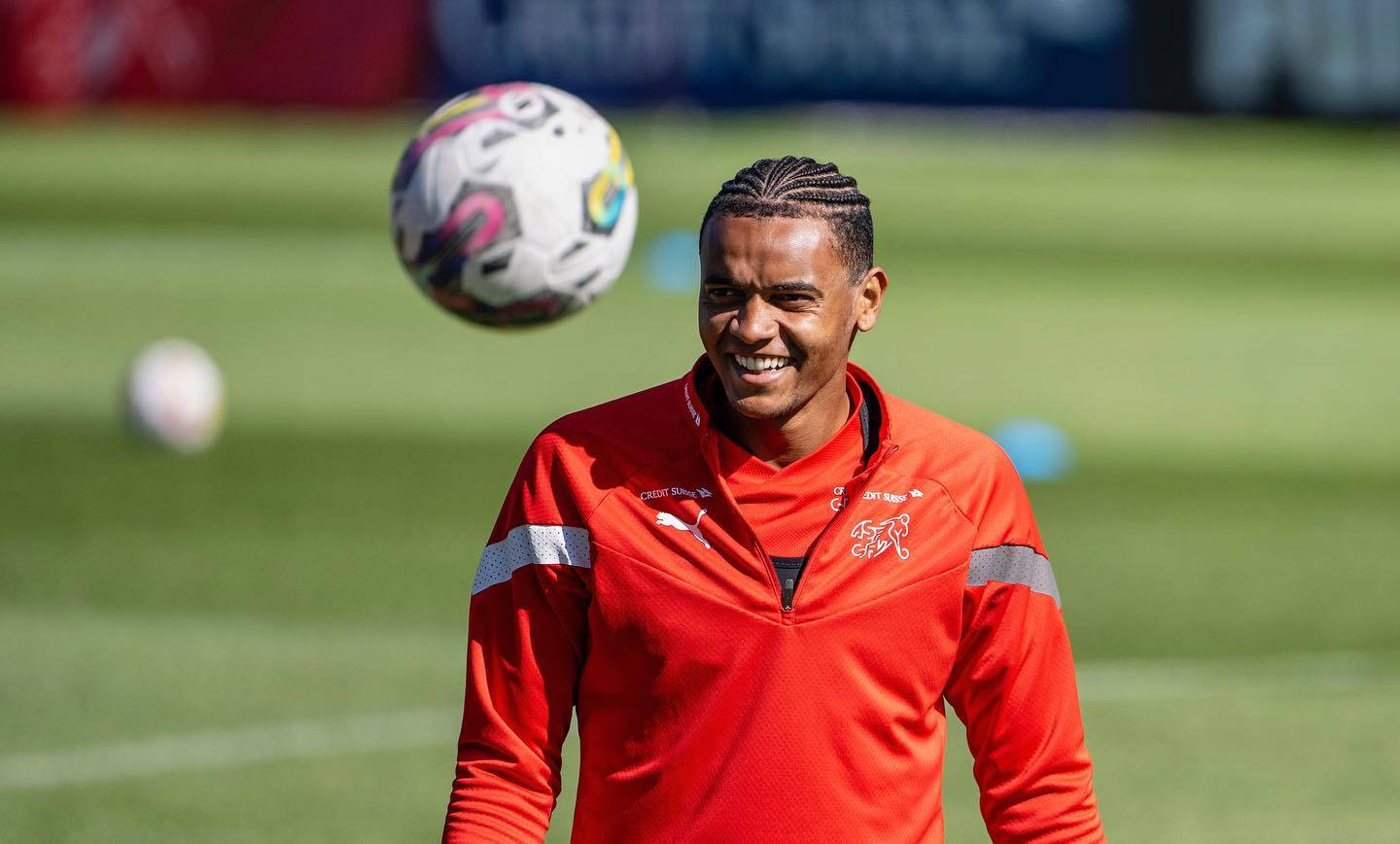 Manuel Akanji, red training jacket, colorful ball, HD Desktop Wallpaper