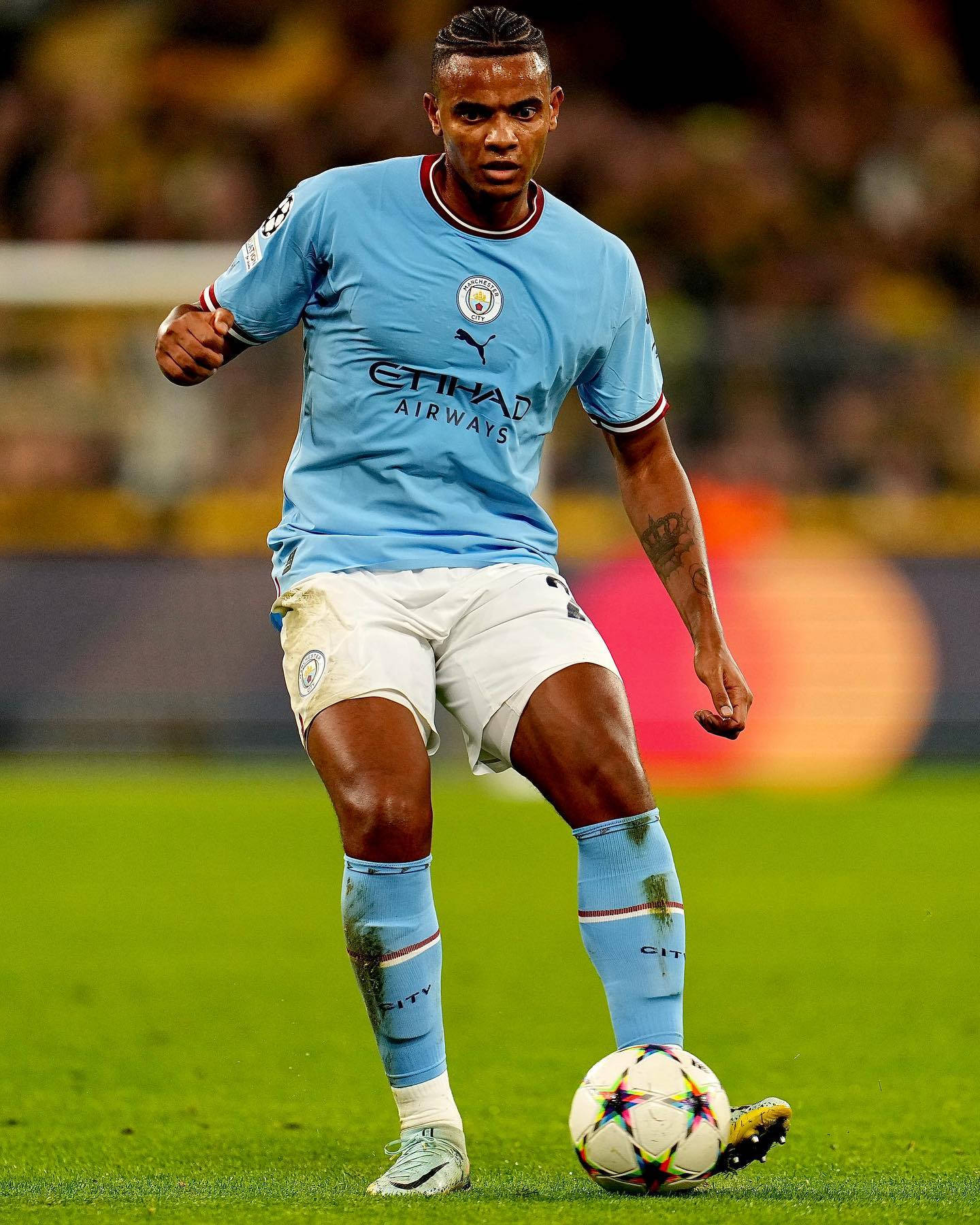 Manuel Akanji, light blue Manchester City jersey, colorful ball, HD Phone Wallpaper