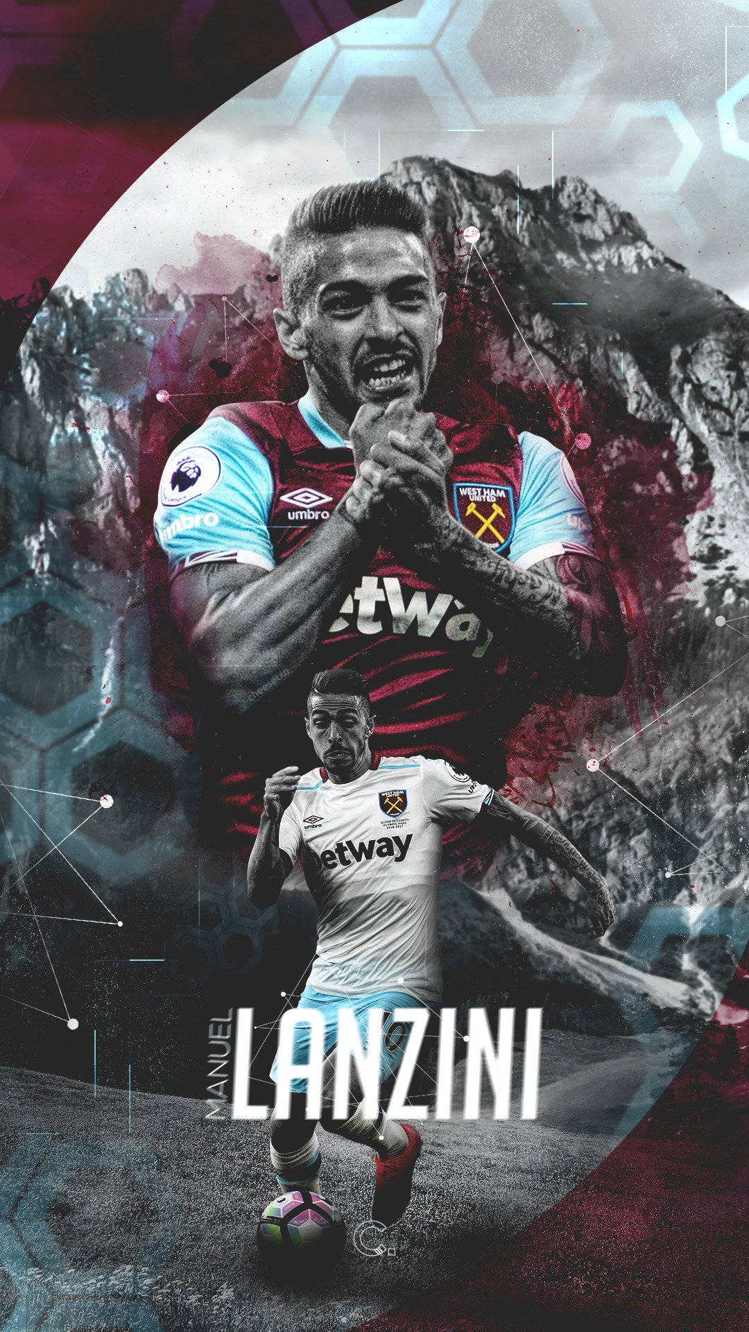Manuel Lanzini, two jerseys, stylized mountain backdrop, Full HD Phone Wallpaper