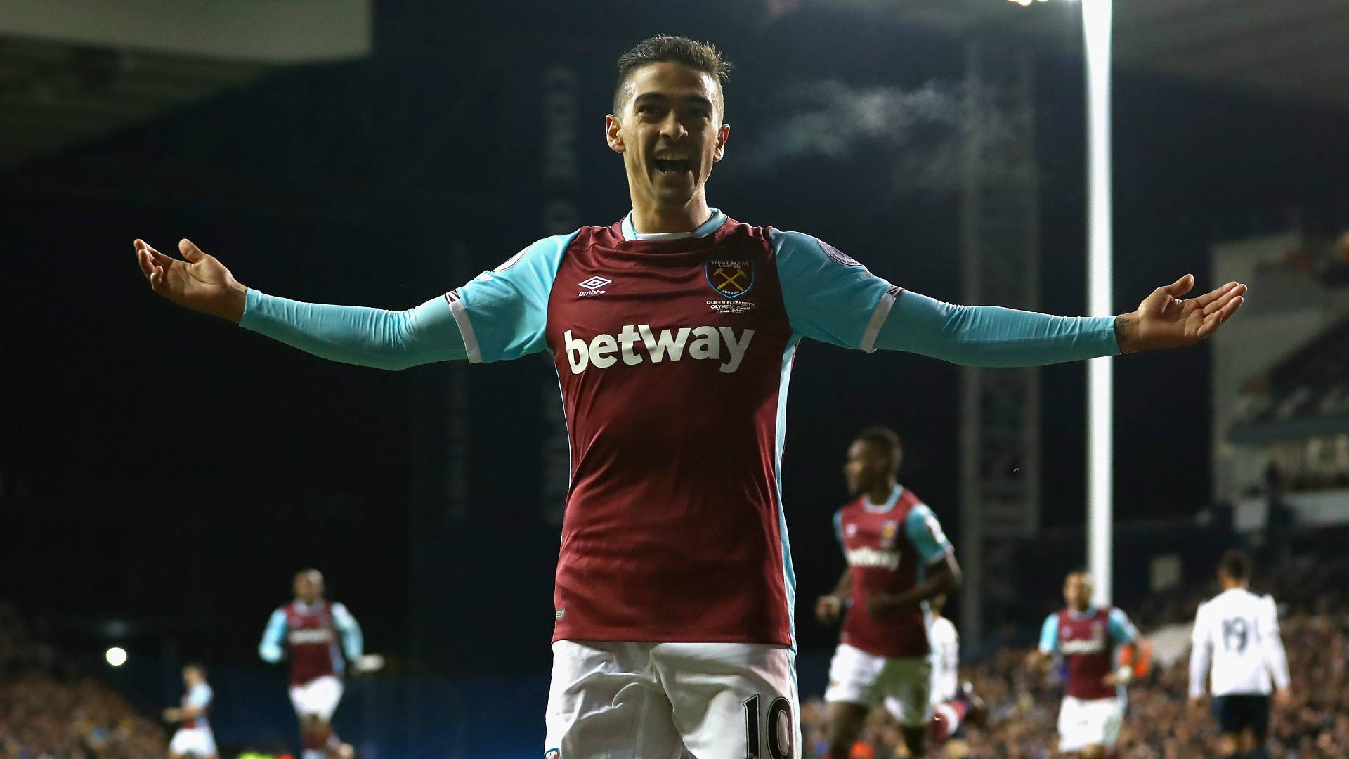 Manuel Lanzini, maroon and light blue jersey, stadium lights, Full HD Desktop Wallpaper