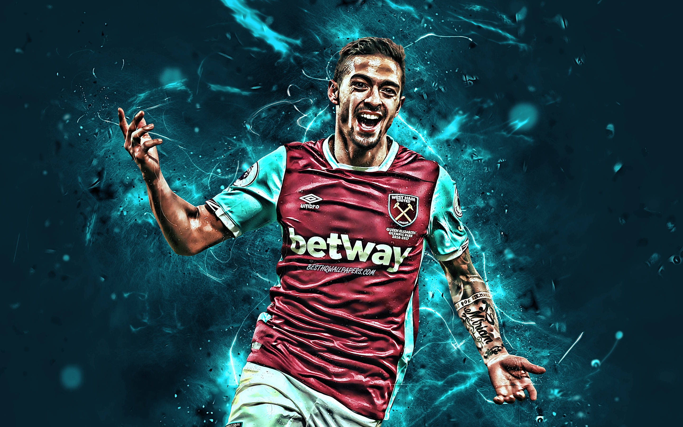 Manuel Lanzini, maroon and light blue jersey, electric blue energy burst, 2K Desktop Wallpaper