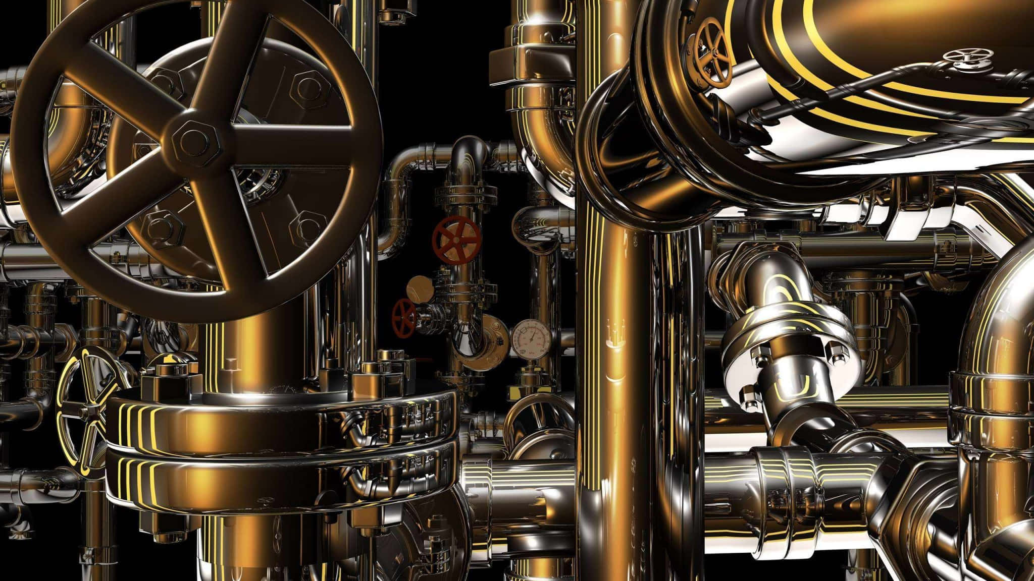 golden, silver, industrial pipes, Full HD Desktop Wallpaper