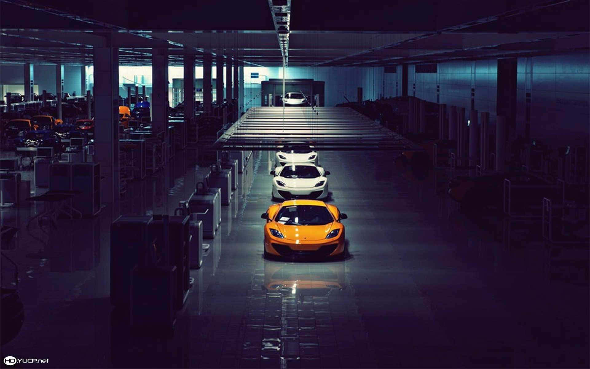 manufacturing, sleek sports cars, dimly lit factory, Full HD Desktop Wallpaper