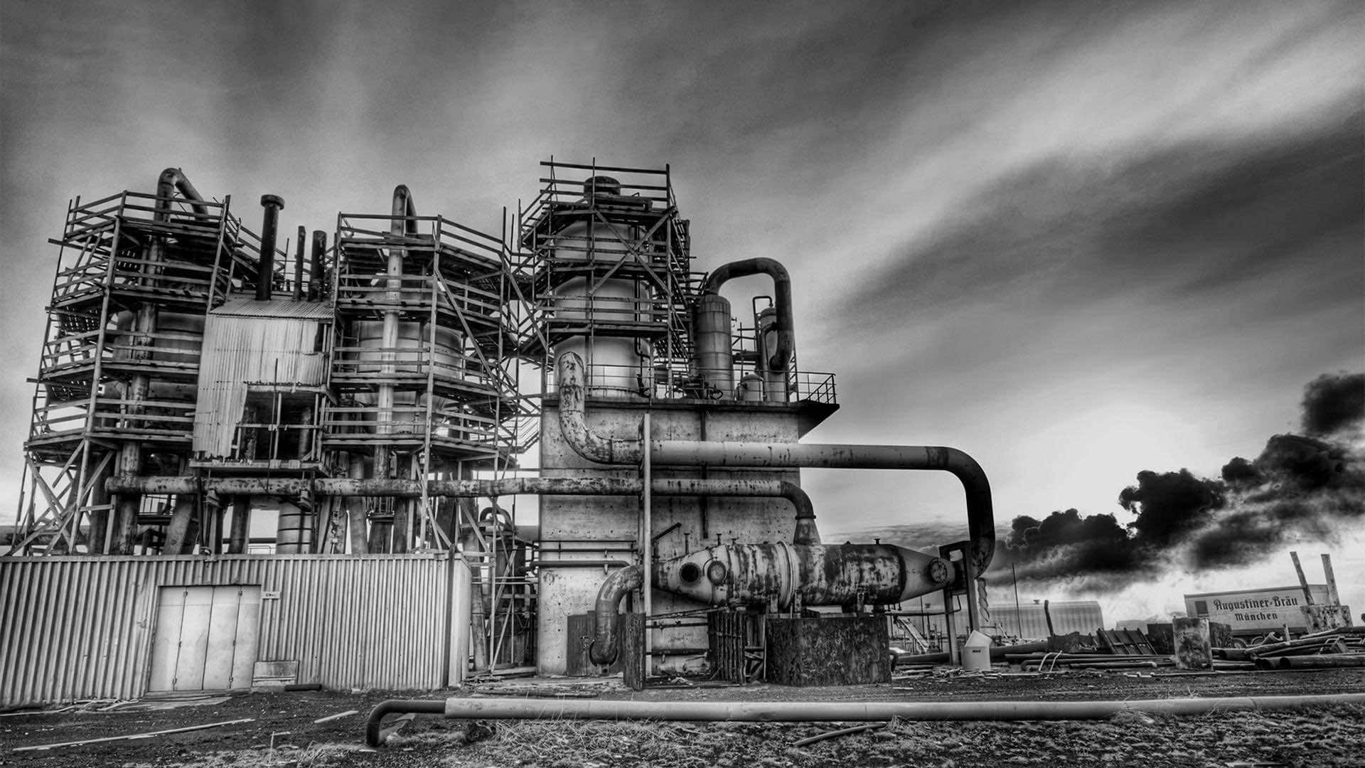 monochrome, industrial complex, rusted pipes, Full HD Desktop Wallpaper
