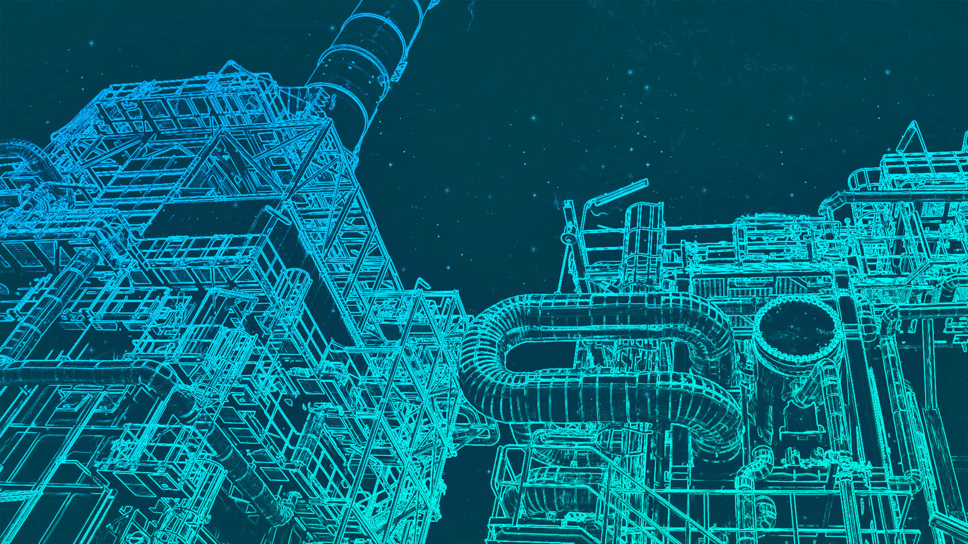futuristic industrial complex, glowing cyan wireframe blueprint, starry night sky, Full HD Desktop Wallpaper