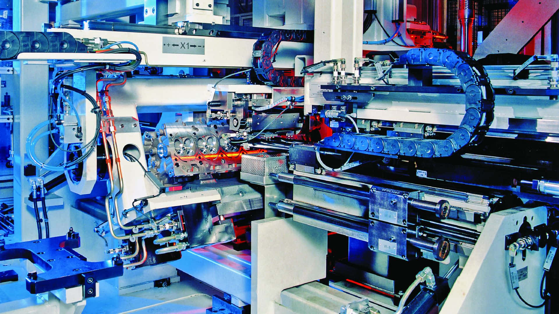 Advanced Automation in Manufacturing, glowing blue machinery, red-hot engine block, Full HD Desktop Wallpaper