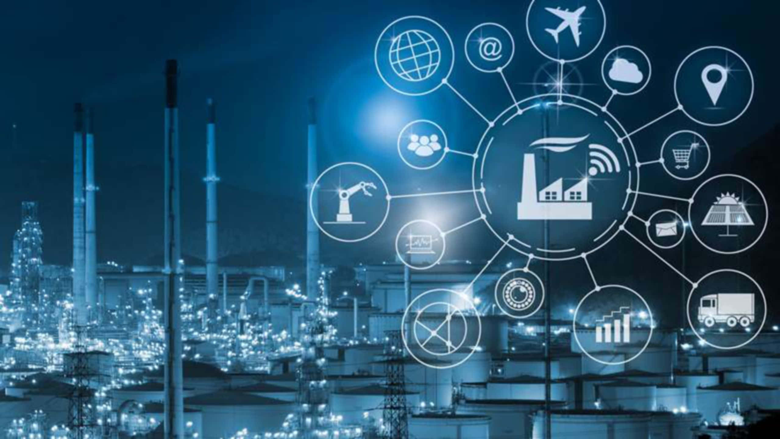 Manufacturing, glowing blue digital network icon, sprawling industrial complex, 2K Desktop Wallpaper