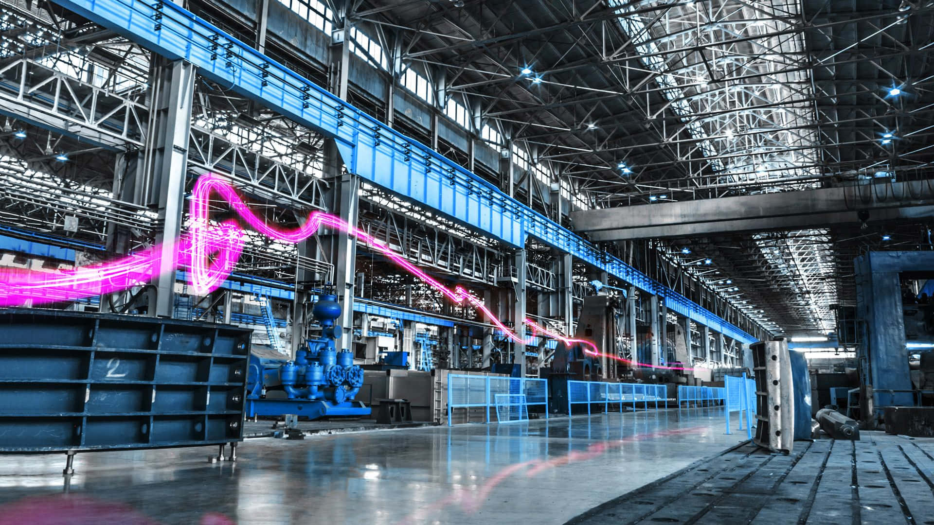 manufacturing, glowing pink light trails, steel beams, Full HD Desktop Wallpaper
