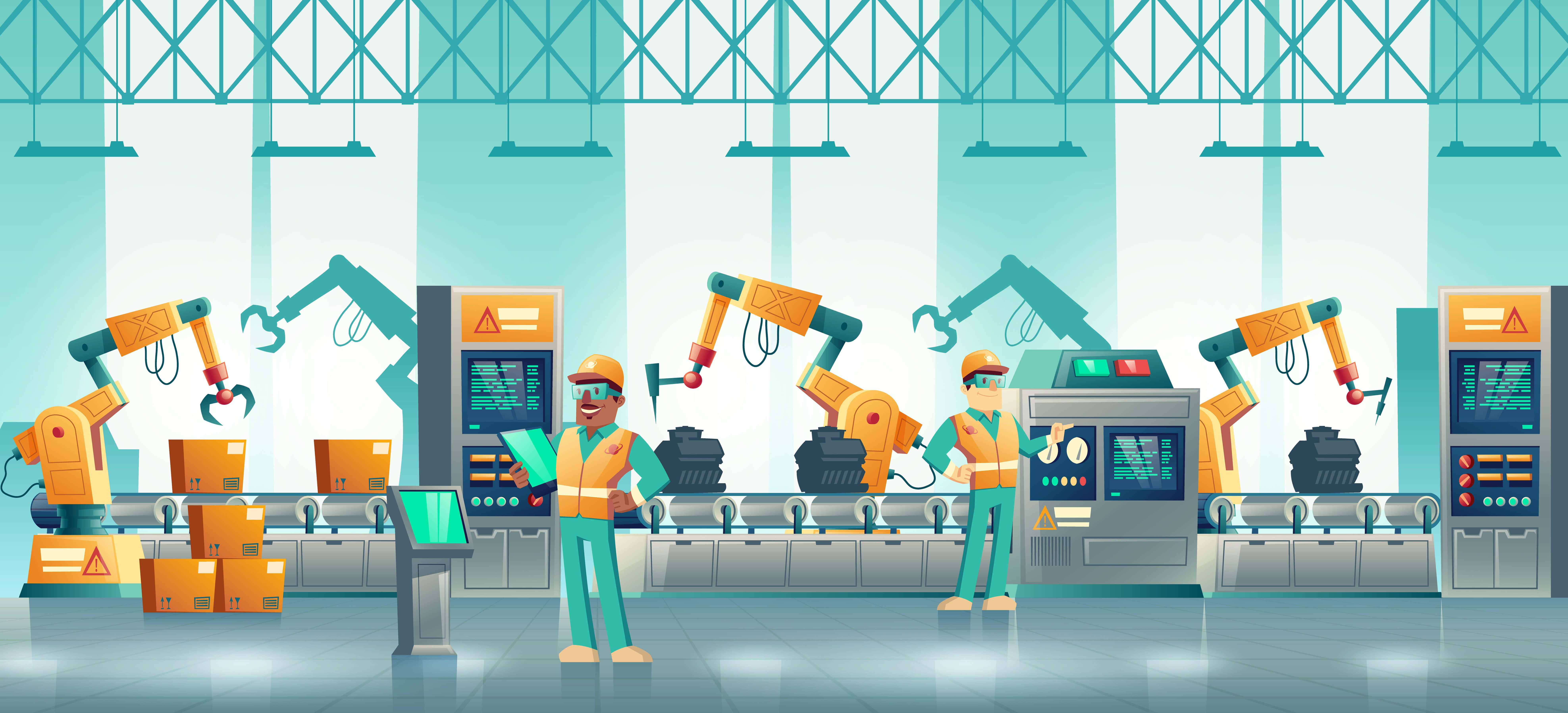 teal, robotic arms, conveyor belts, 8K Desktop Wallpaper