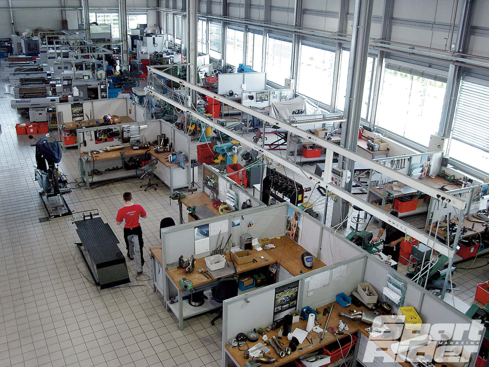 automotive workshop, bustling, workers at stations, HD Desktop Wallpaper
