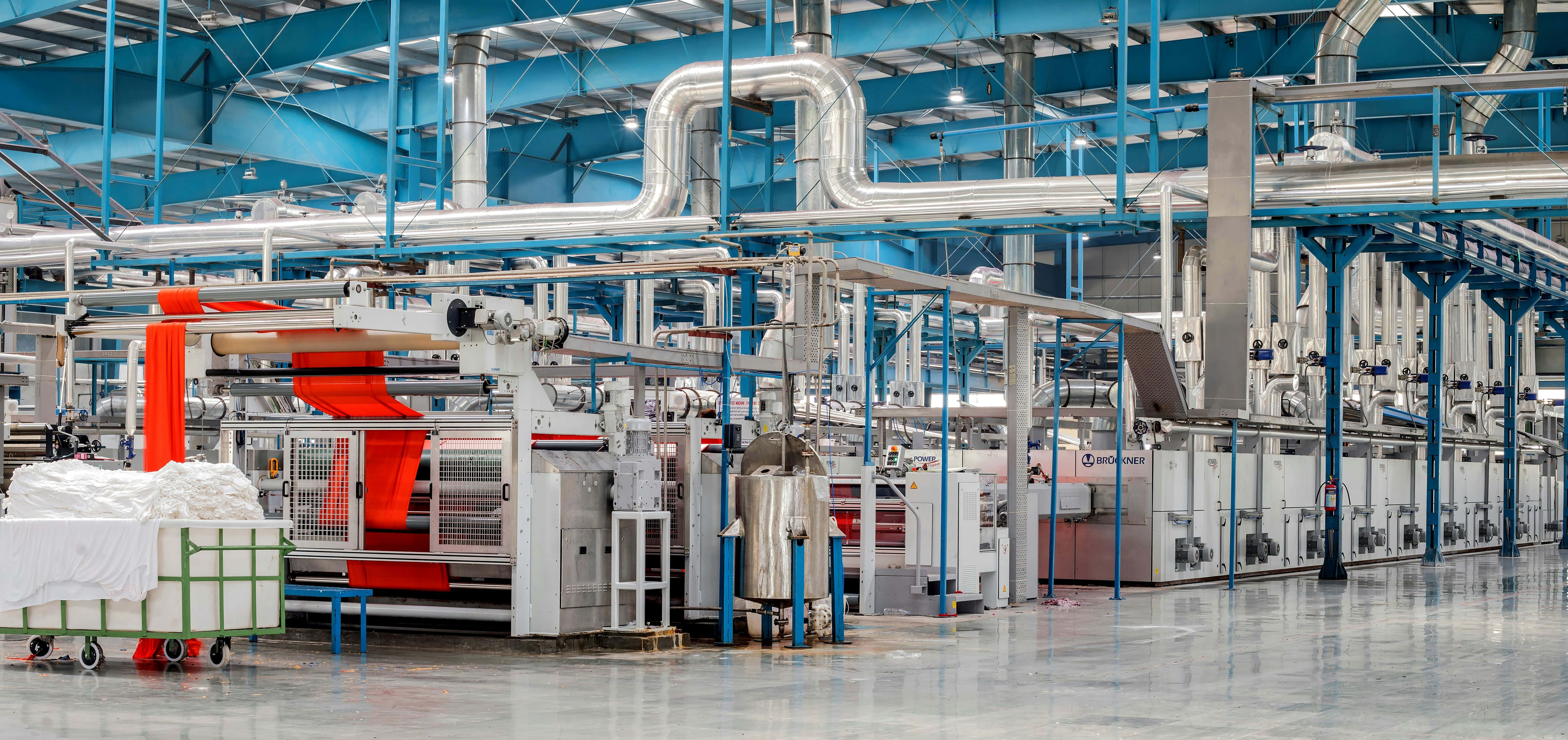 modern industrial facility, textile factory, blue steel beams, 5K Desktop Wallpaper