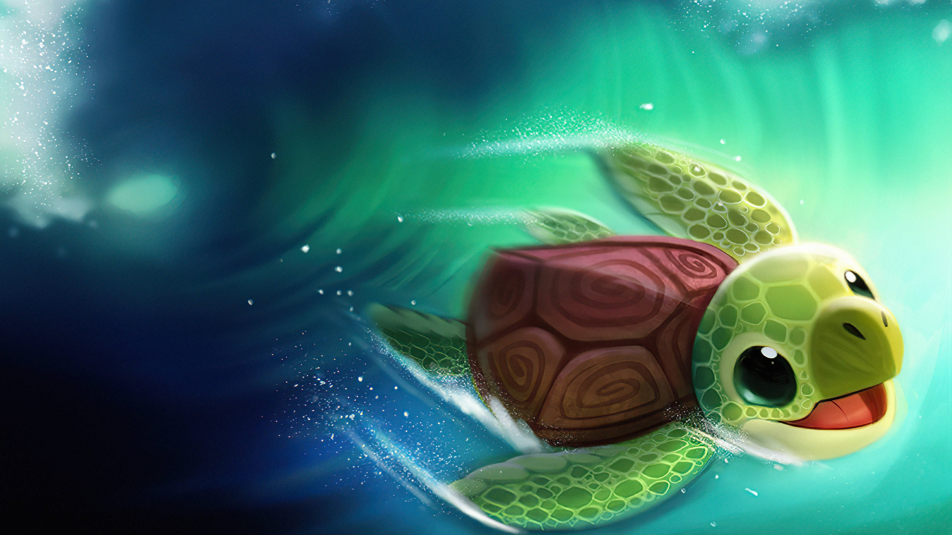 Turtle, cartoon sea turtle, glowing turquoise ocean water, 2K Desktop Wallpaper