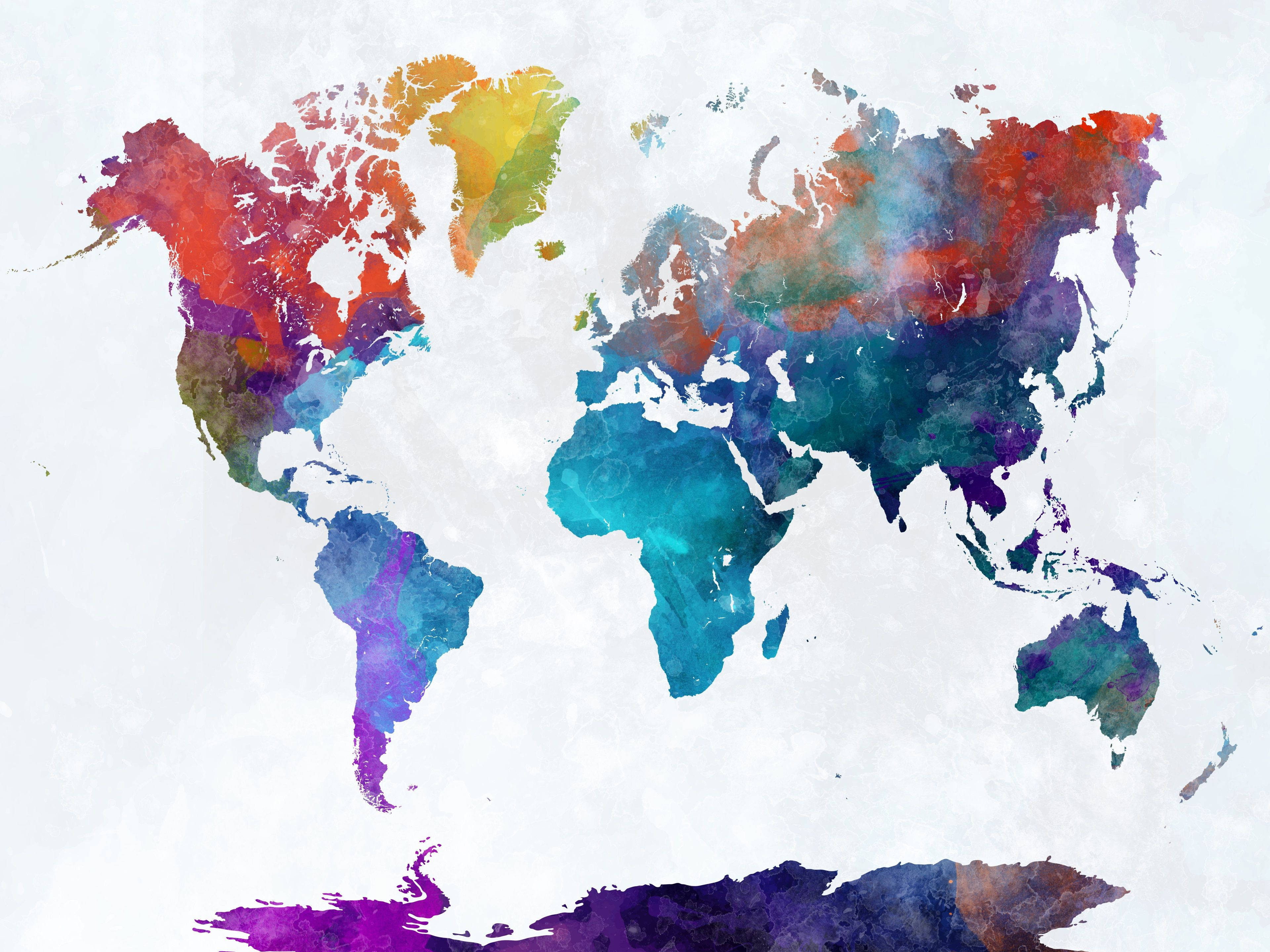 abstract minimalist watercolor world map, swirling rainbow hues, textured white background, 4K Desktop Wallpaper