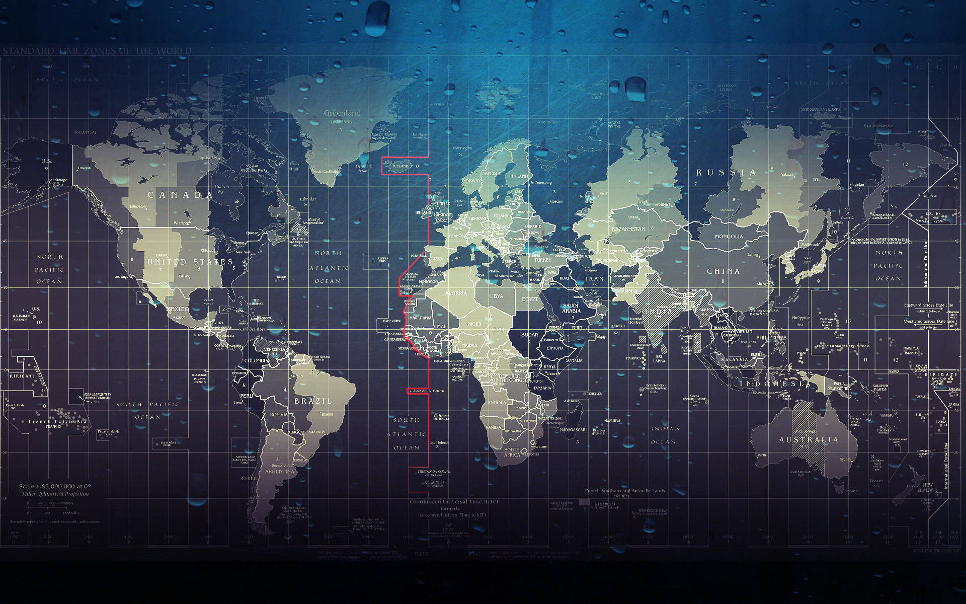 blue and gray timezone world map, water, droplets, Full HD Desktop Wallpaper