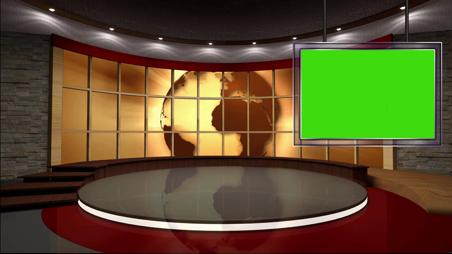 green screen, curved desk, red accents, Full HD Desktop Wallpaper