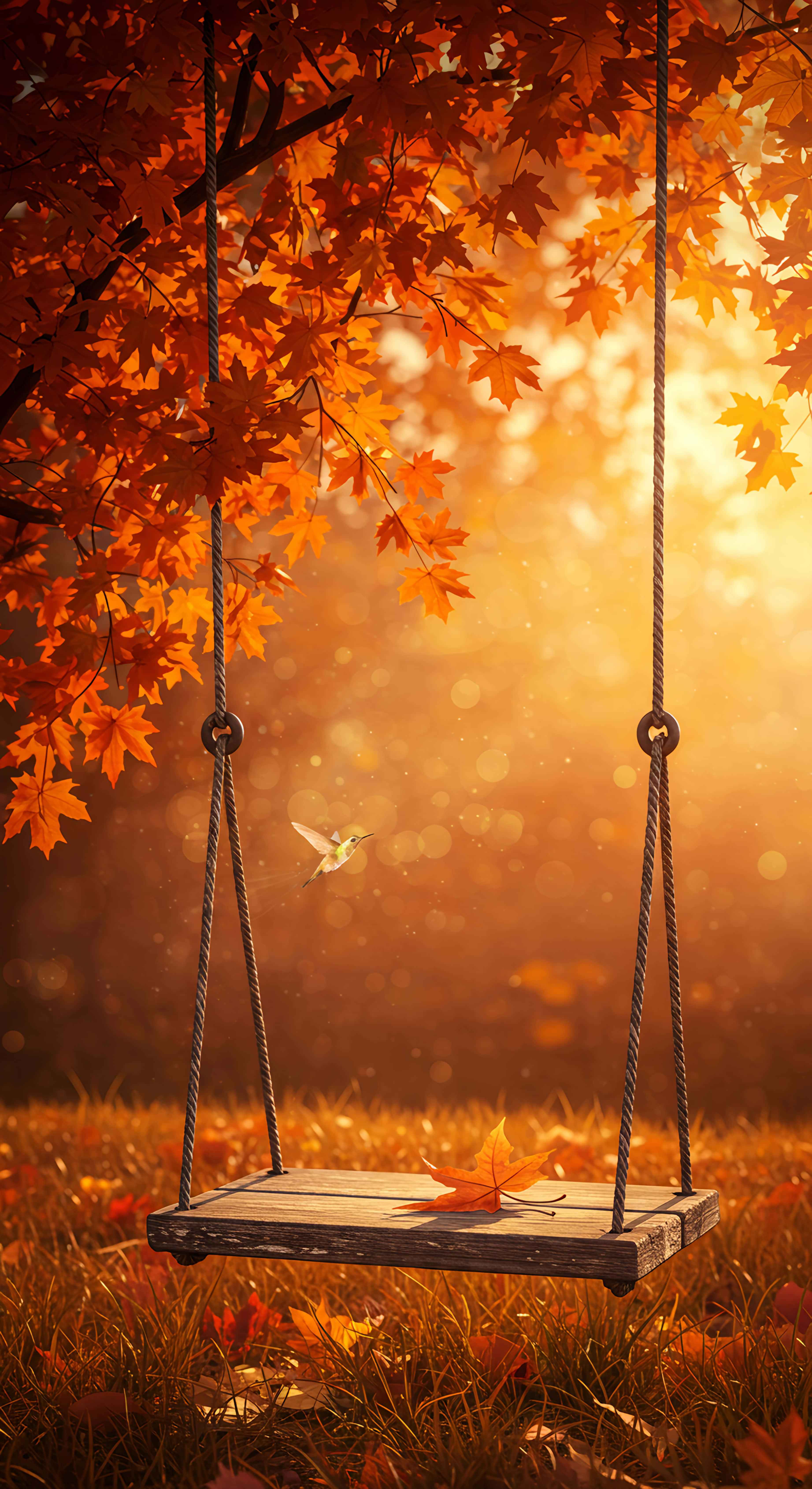 Autumn Swing, Golden Hour, wooden swing, 5K Phone Wallpaper