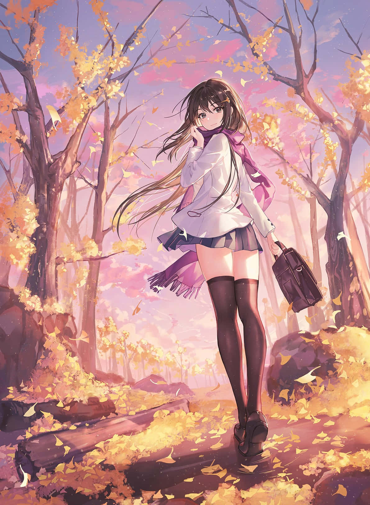 schoolgirl, fall anime, forest, HD Phone Wallpaper