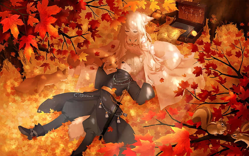 fall anime couple, fiery autumn leaves, warm golden light, SD Desktop Wallpaper