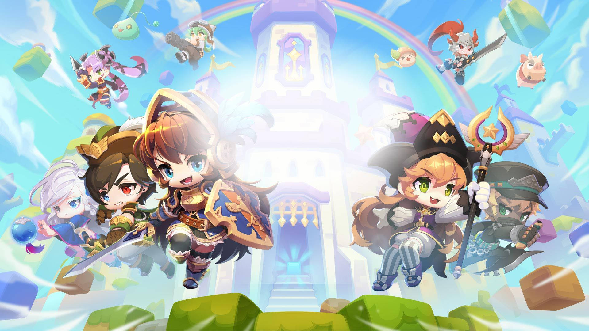 MapleStory 2, chibi-style adventurers, swords, Full HD Desktop Wallpaper