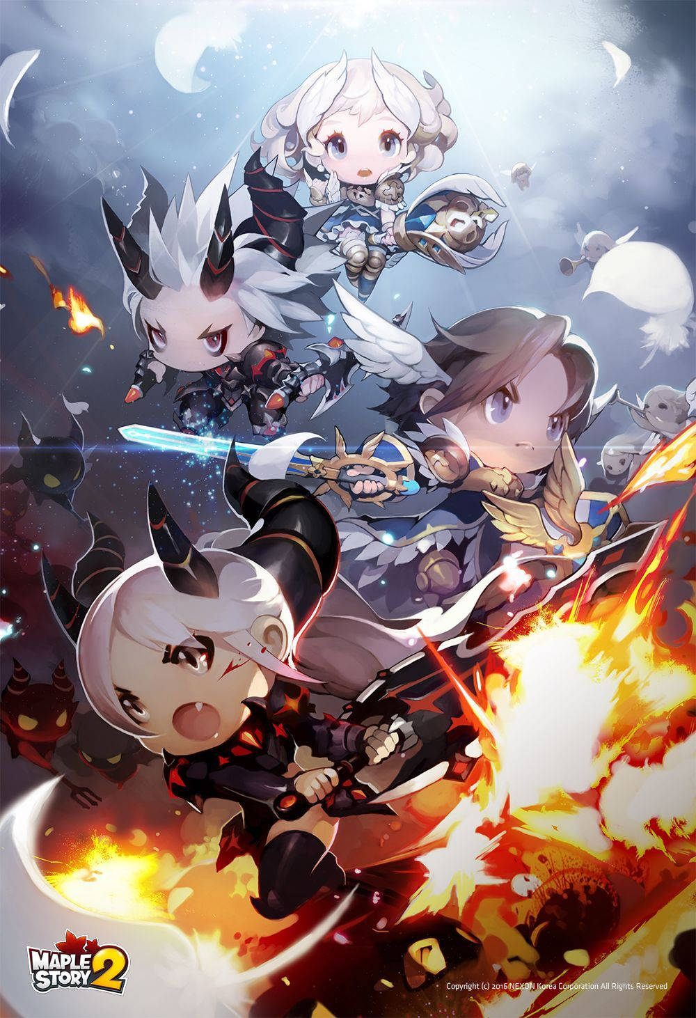 Maplestory 2, chibi anime characters, fiery monsters, HD Phone Wallpaper
