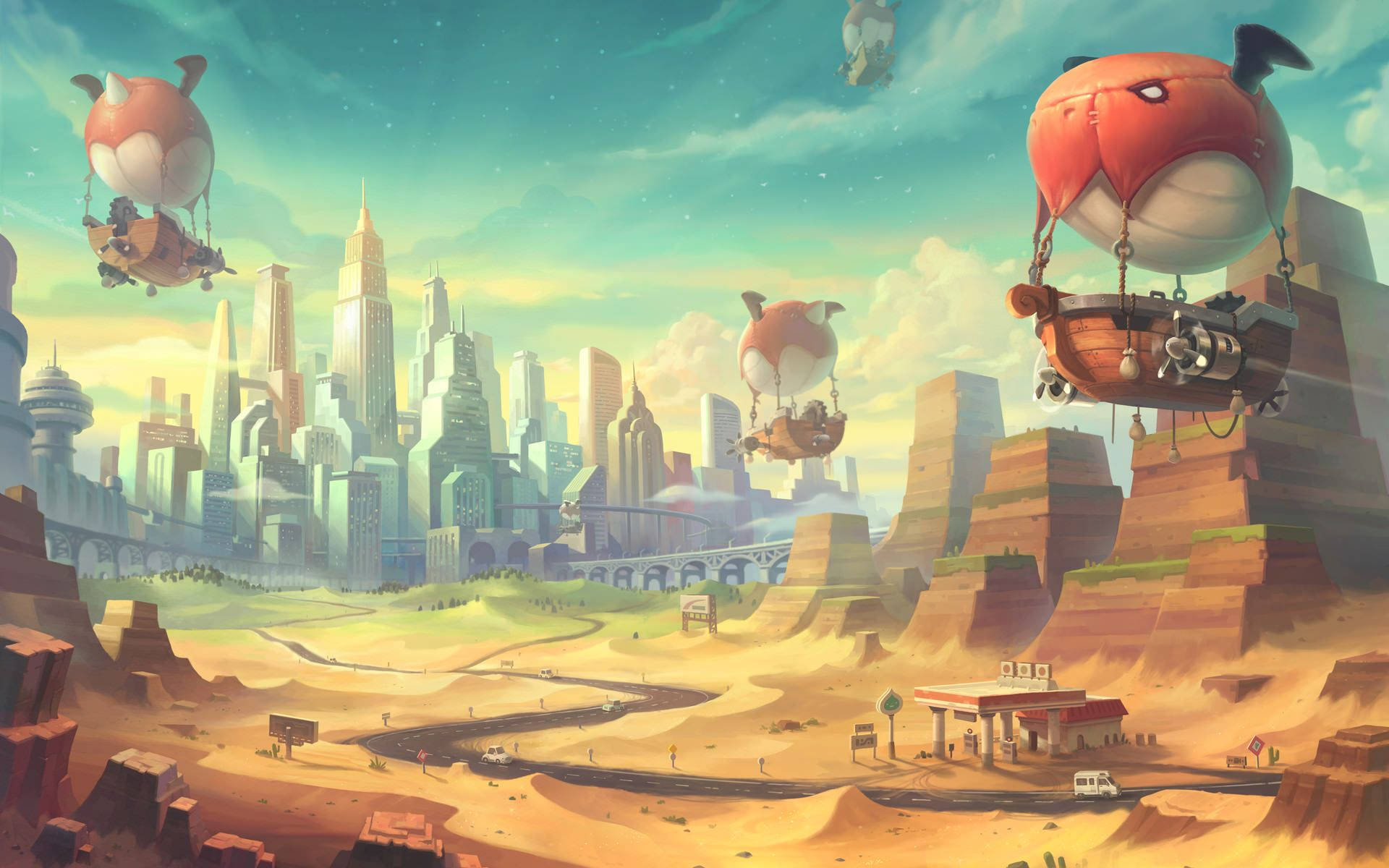 Maplestory 2, fox-shaped airships, desert terrain, Full HD Desktop Wallpaper