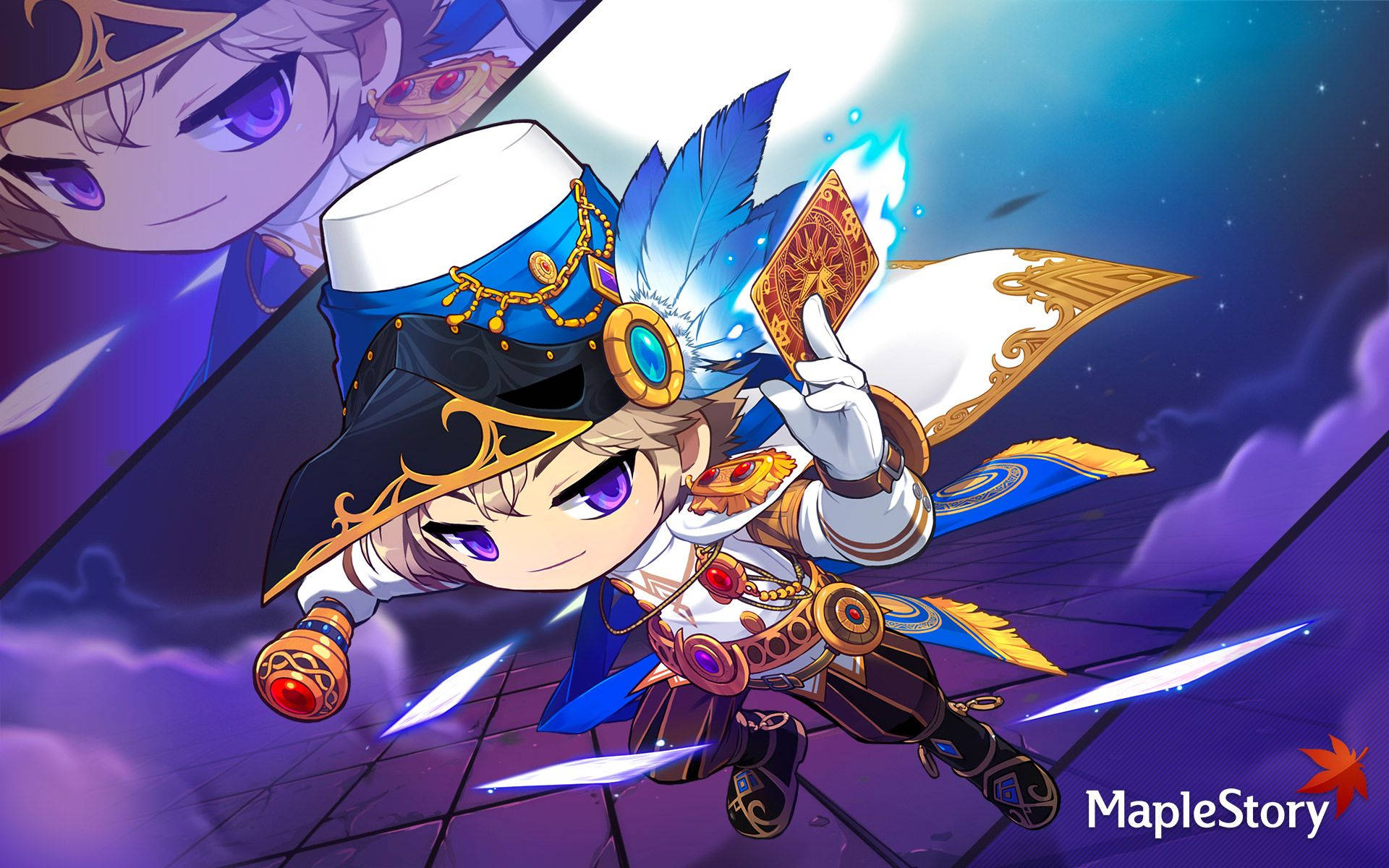 Maplestory 2, chibi-style wizard, ornate blue and gold gear, Full HD Desktop Wallpaper