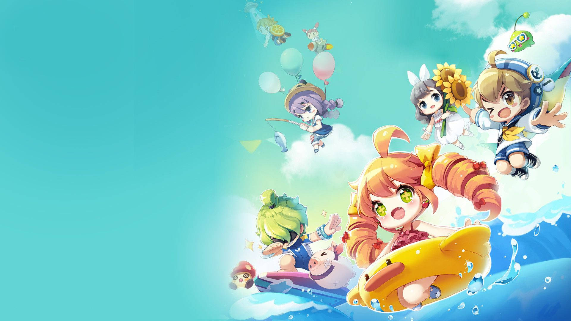 Maplestory 2, chibi anime characters, bright turquoise water, Full HD Desktop Wallpaper
