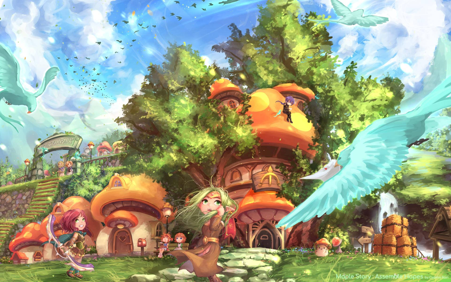 Maplestory 2, mushroom houses, lush green forest, Full HD Desktop Wallpaper