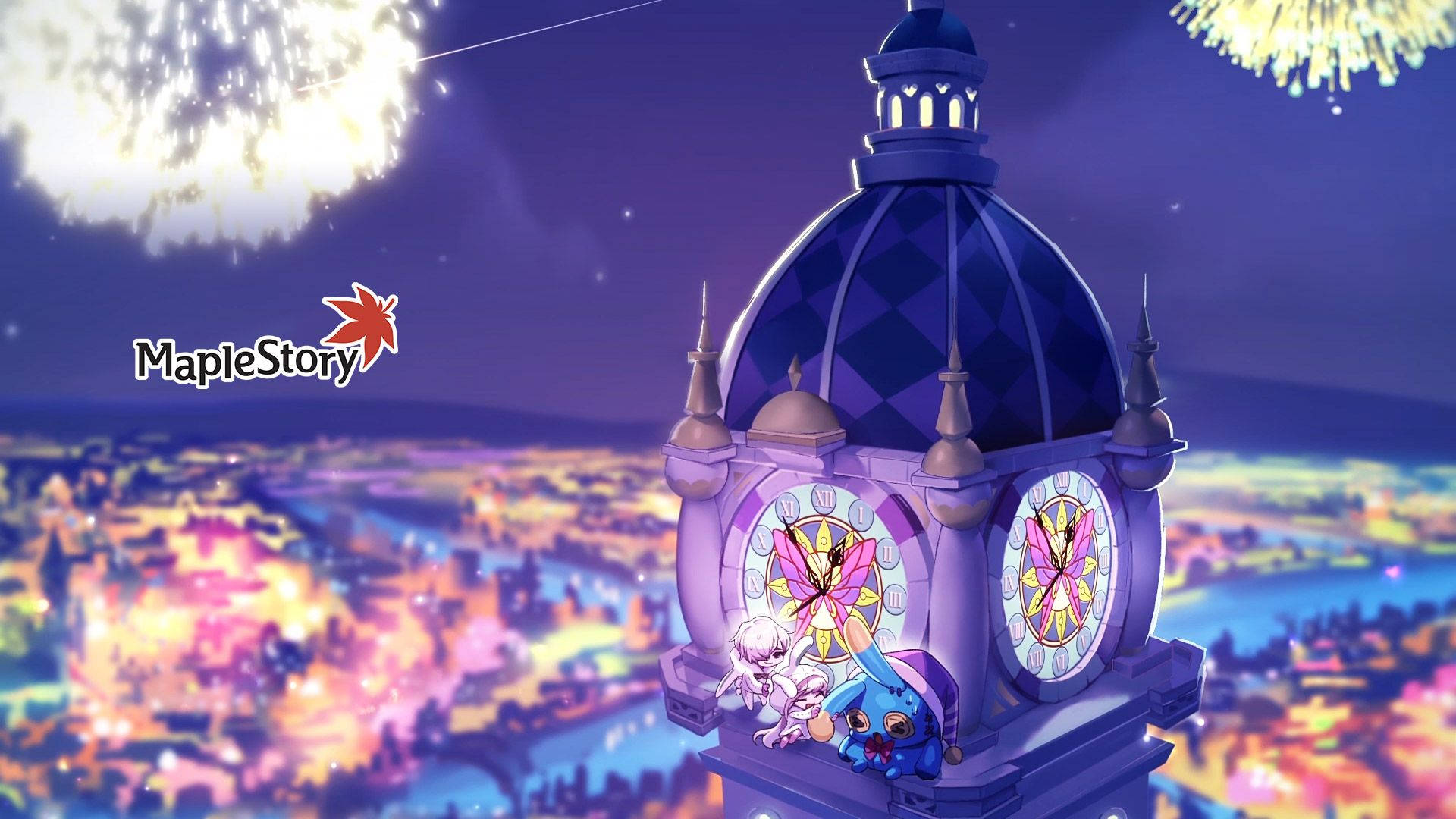 Maplestory 2, purple clock tower, butterfly clock faces, Full HD Desktop Wallpaper