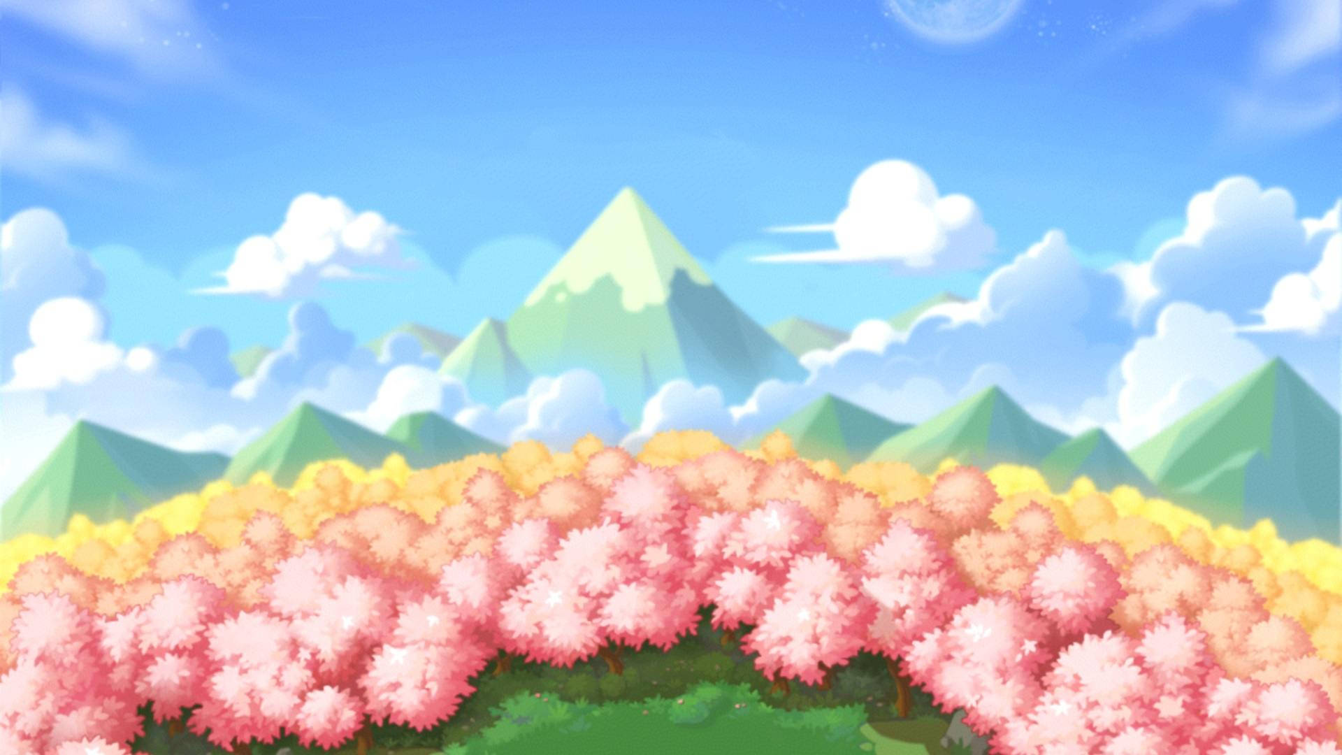Maplestory, vibrant pink and yellow blossoming trees, valley, Full HD Desktop Wallpaper
