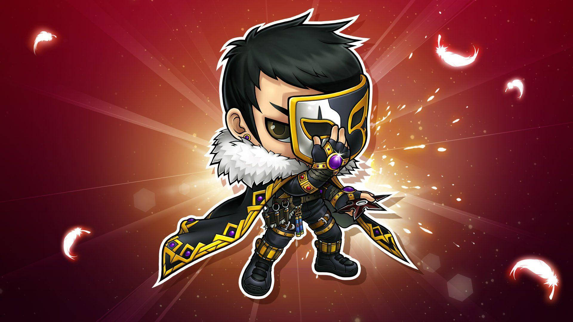 Maplestory, chibi anime warrior, black and gold armor, Full HD Desktop Wallpaper