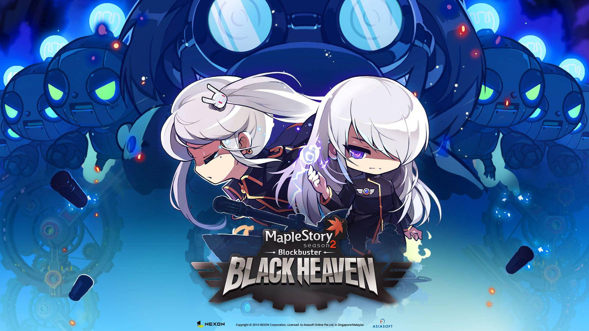 white hair, chibi anime characters, glowing blue robotic enemies, Full HD Desktop Wallpaper