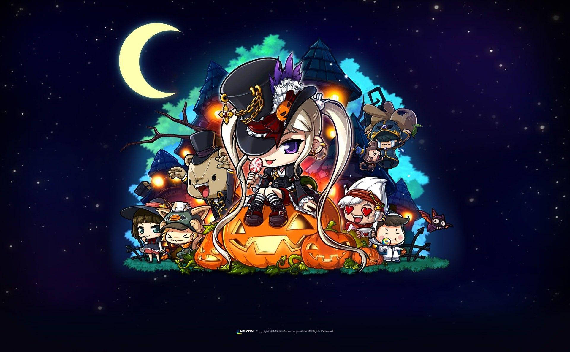 Starry Maplestory, Halloween, chibi characters, Full HD Desktop Wallpaper