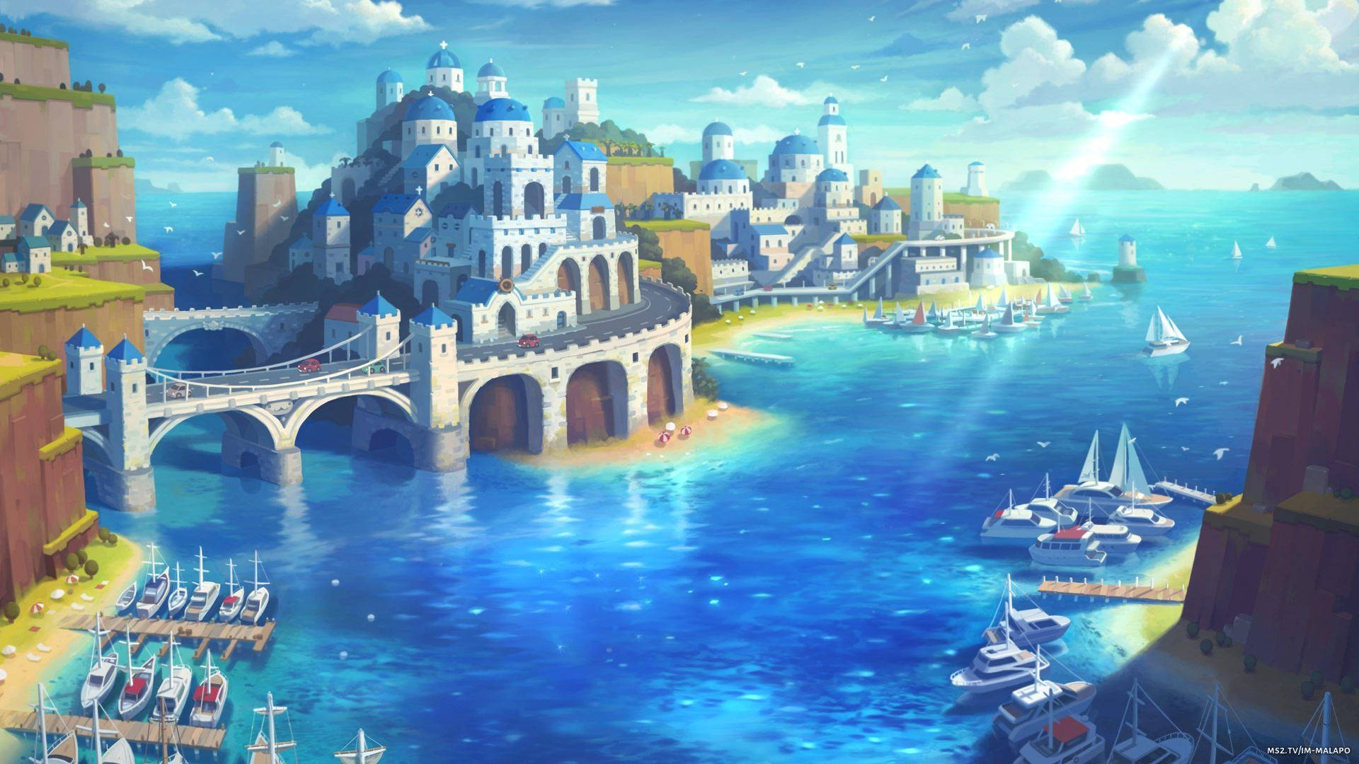 Maplestory 2, Main Title Screen Art, anime-style coastal town, Full HD Desktop Wallpaper