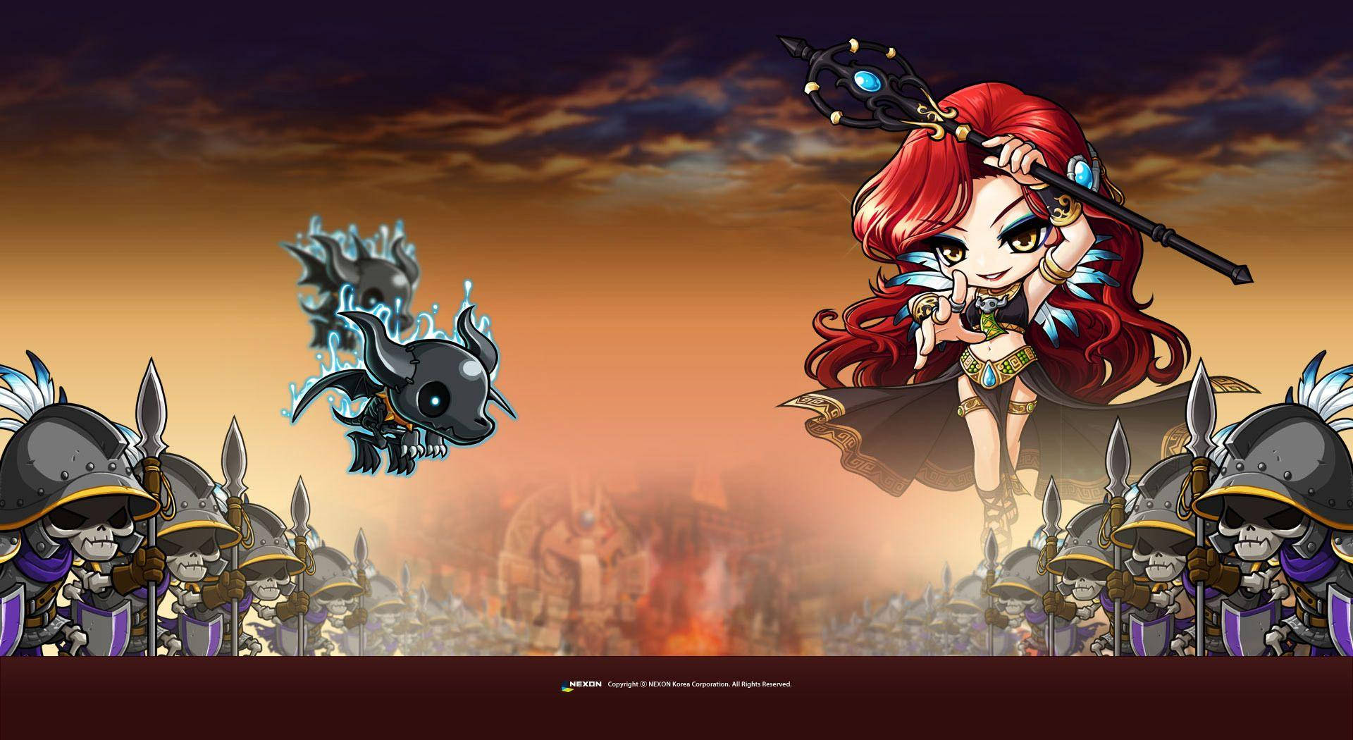 Red Hair Maplestory, chibi red-haired warrior queen, staff, Full HD Desktop Wallpaper