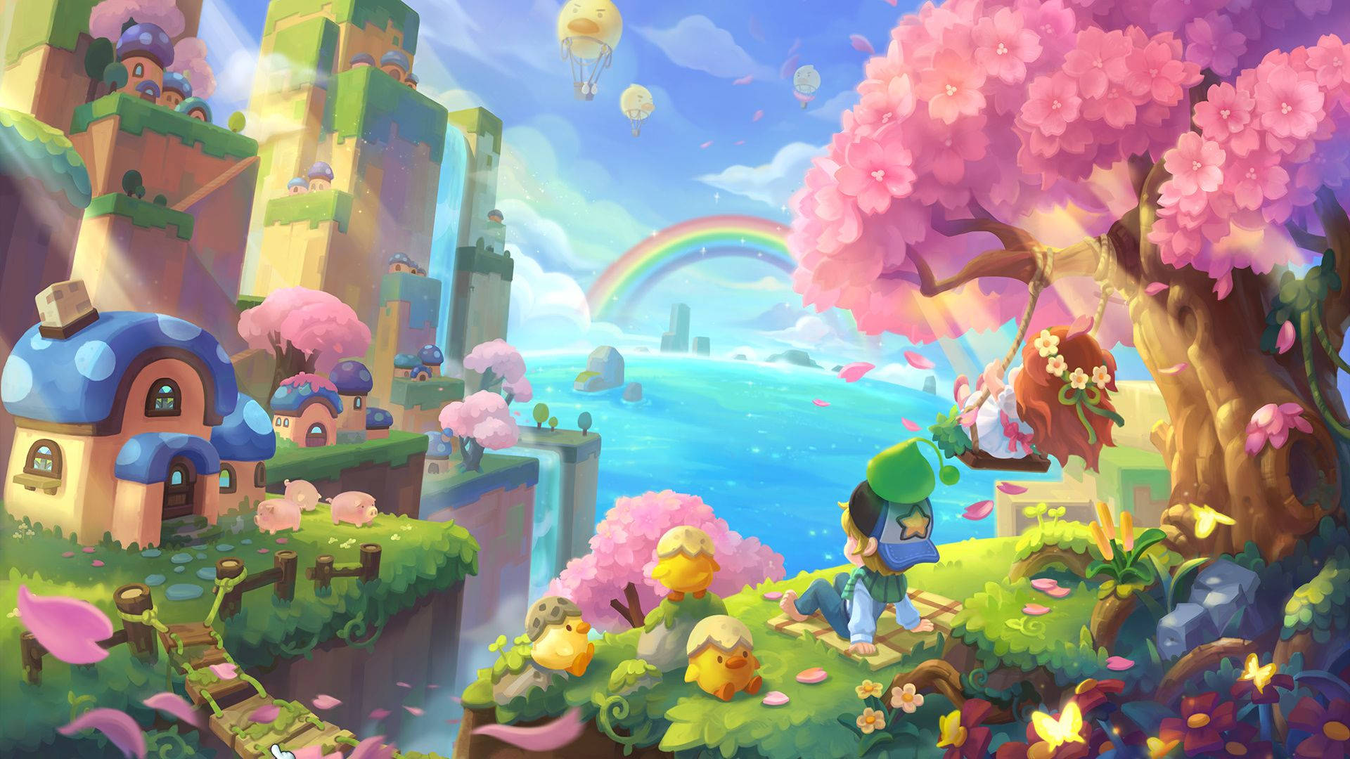Maplestory 2, pink cherry blossom tree, mushroom houses, Full HD Desktop Wallpaper