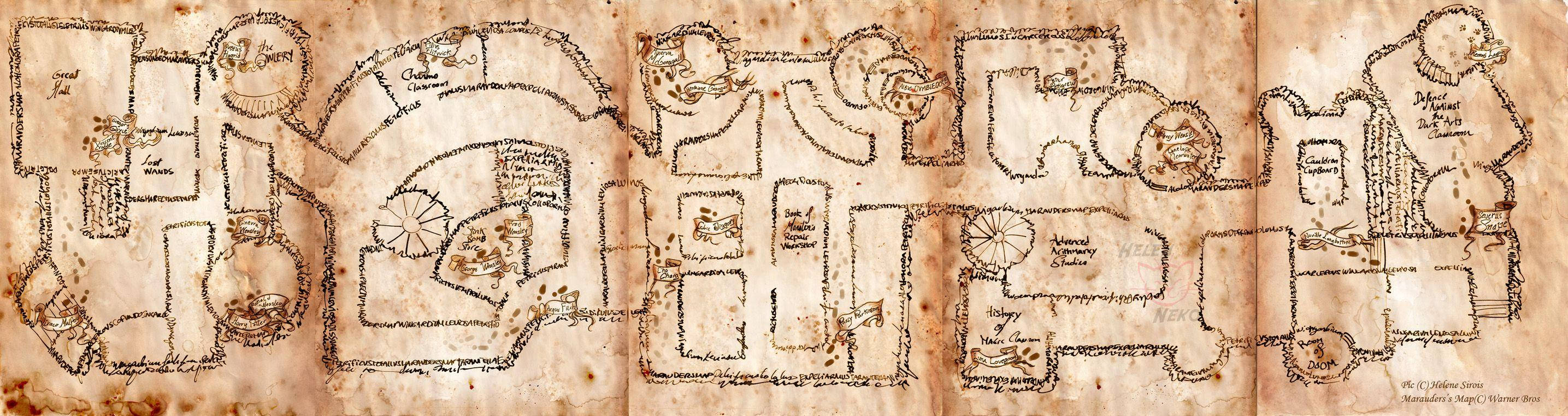 Marauders Map, parchment, hand-drawn rooms, 2K Desktop Wallpaper