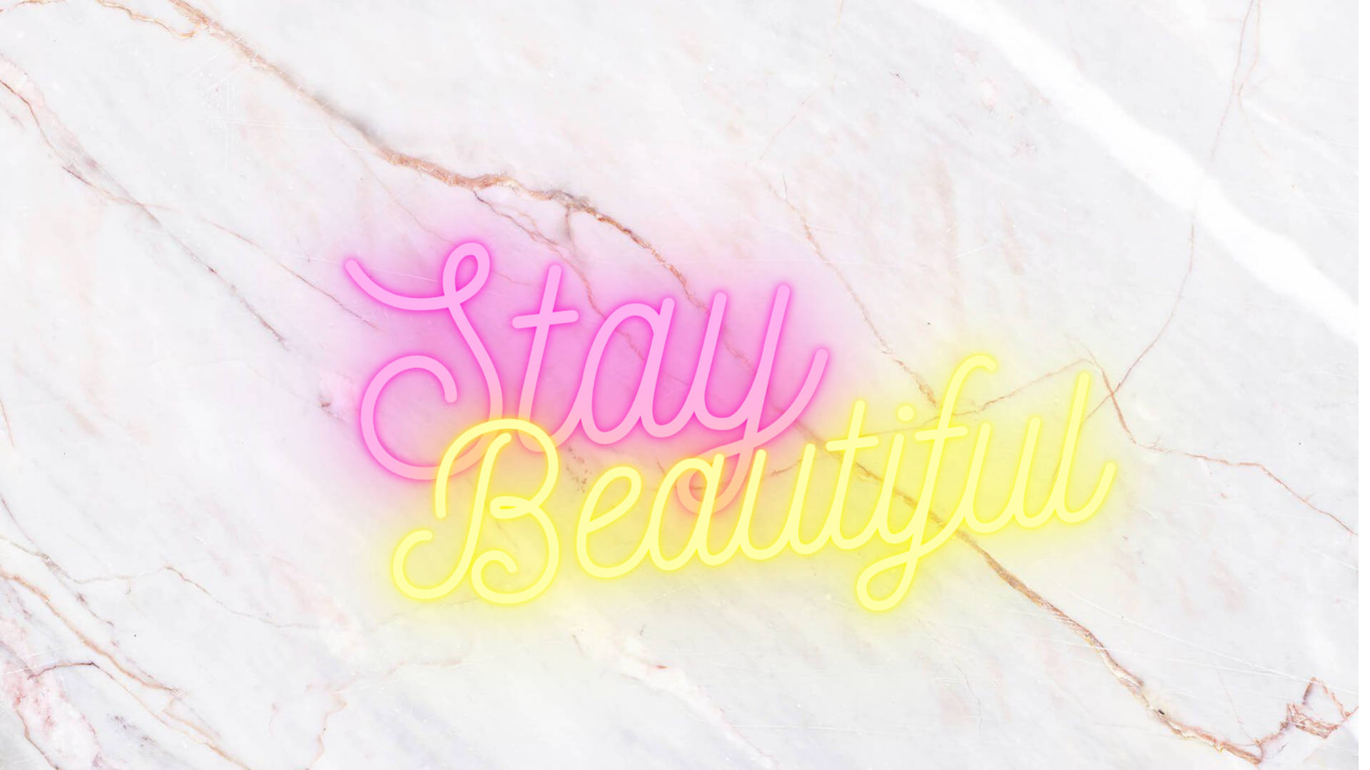 Neon Lights On White Marble Background, pink and yellow neon sign, Stay Beautiful, Full HD Desktop Wallpaper