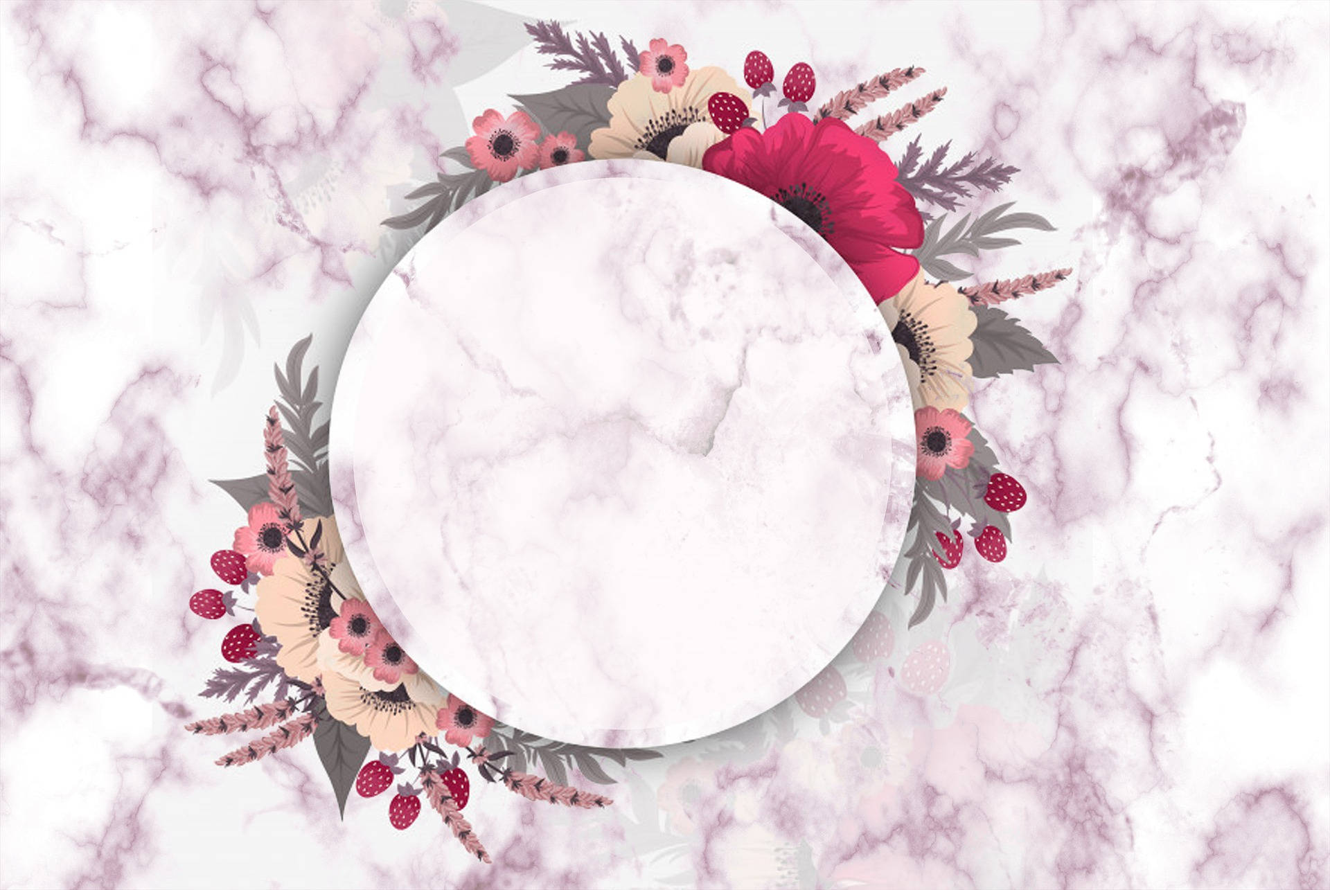 Flower themed marble laptop art, circular marble frame, pink flowers, Full HD Desktop Wallpaper