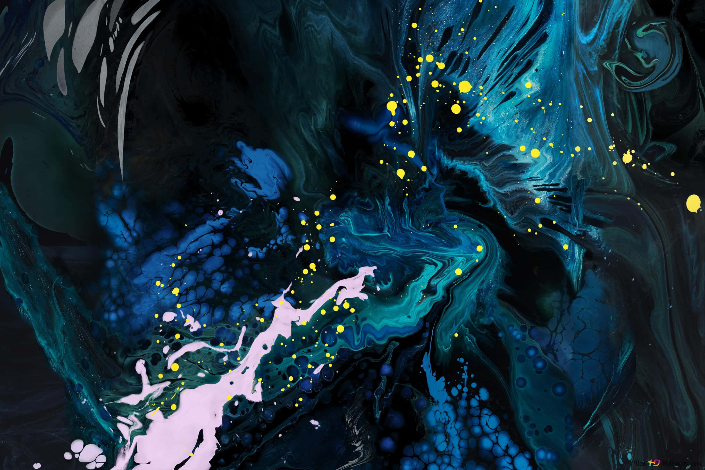 Marble Macbook, teal blues, yellow dots, 2K Desktop Wallpaper