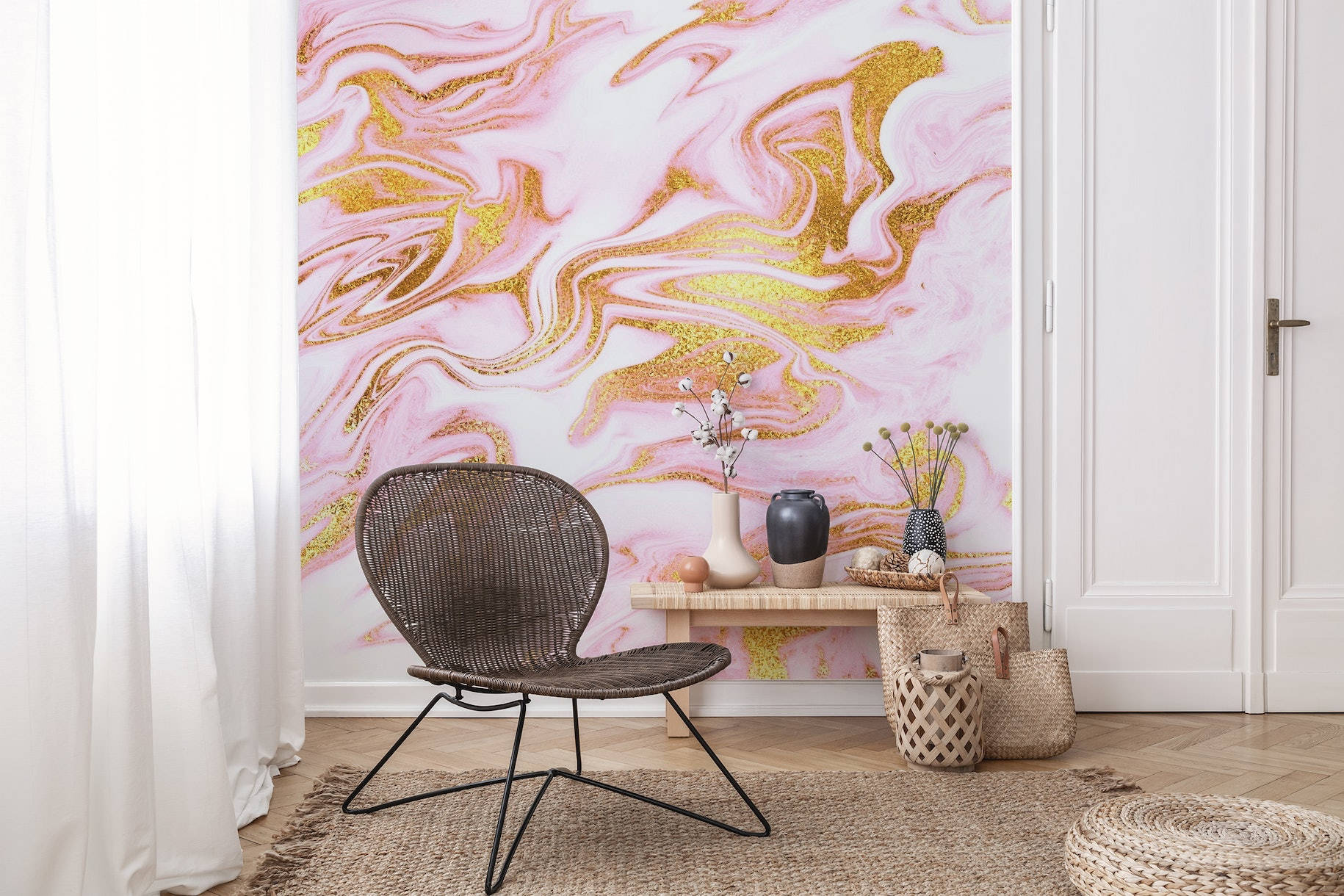 pink gold marble, vibrant pink and gold glitter marbled wallpaper, modern wicker chair, HD Desktop Wallpaper