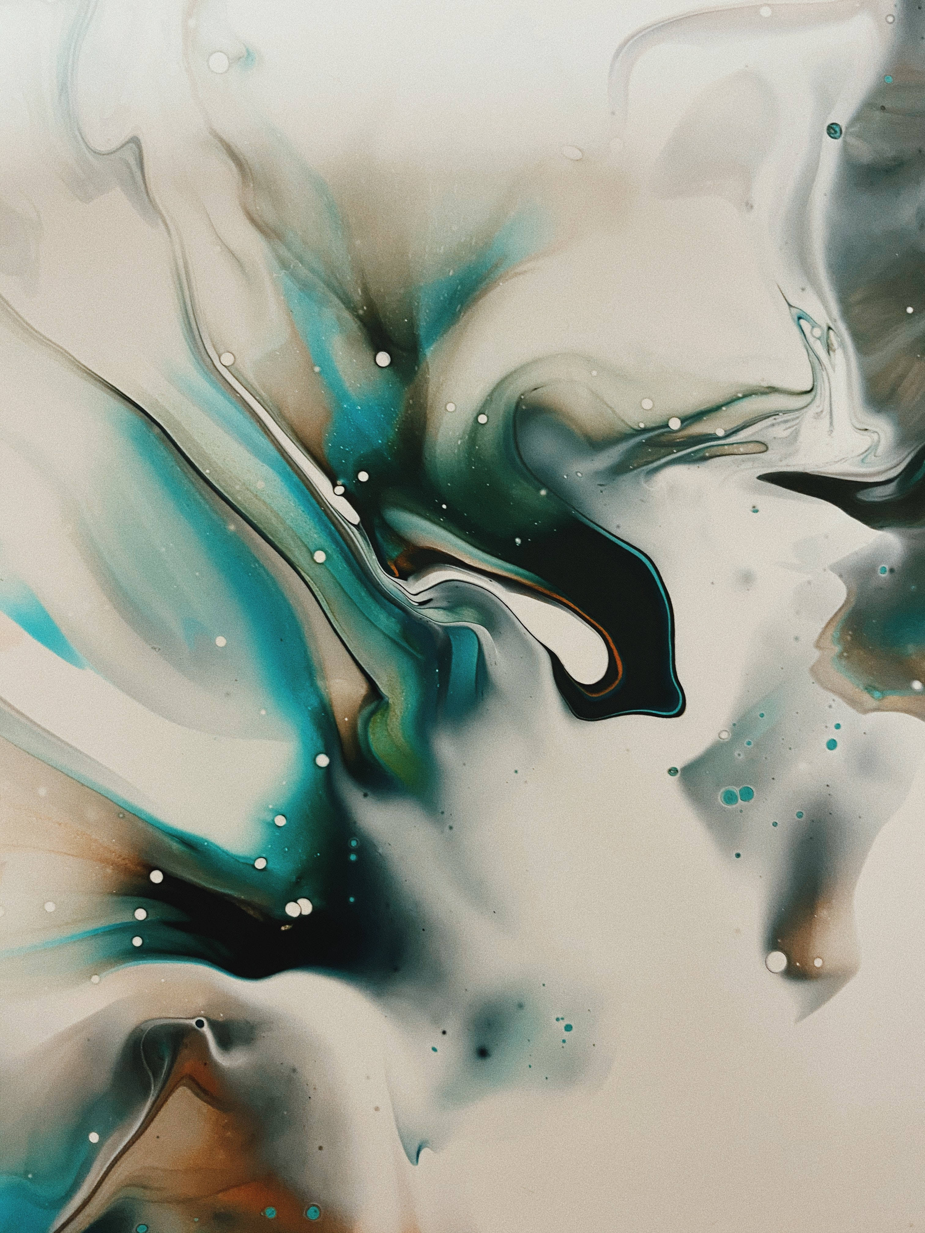 fluid art, white and green marble, teal and beige abstract swirls, 4K Phone Wallpaper