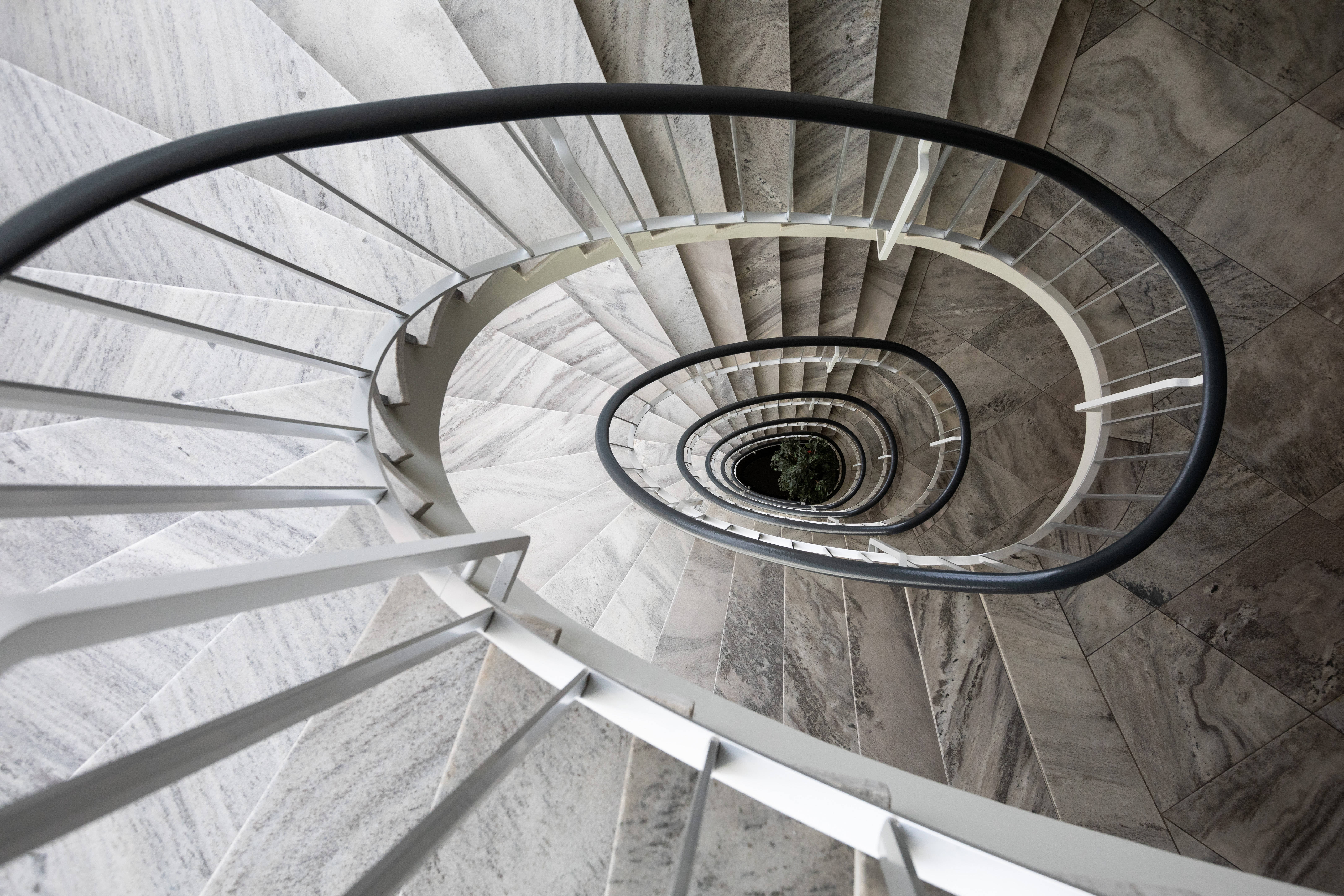 marble flooring, modern spiral staircase, marble steps, 5K Desktop Wallpaper