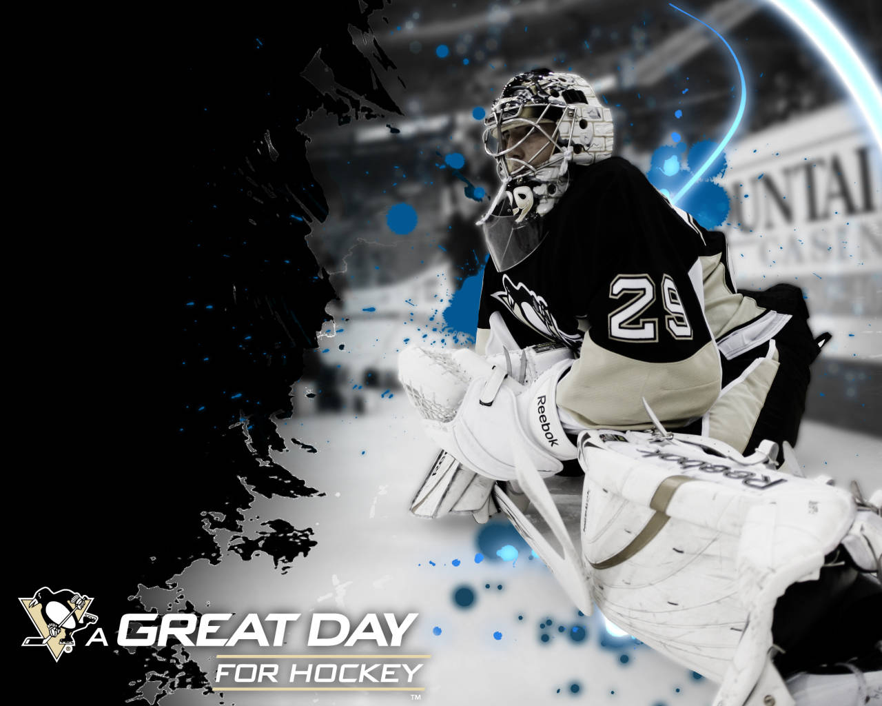Marc Andre Fleury, black and white gear, blue splatter effects, HD Desktop Wallpaper