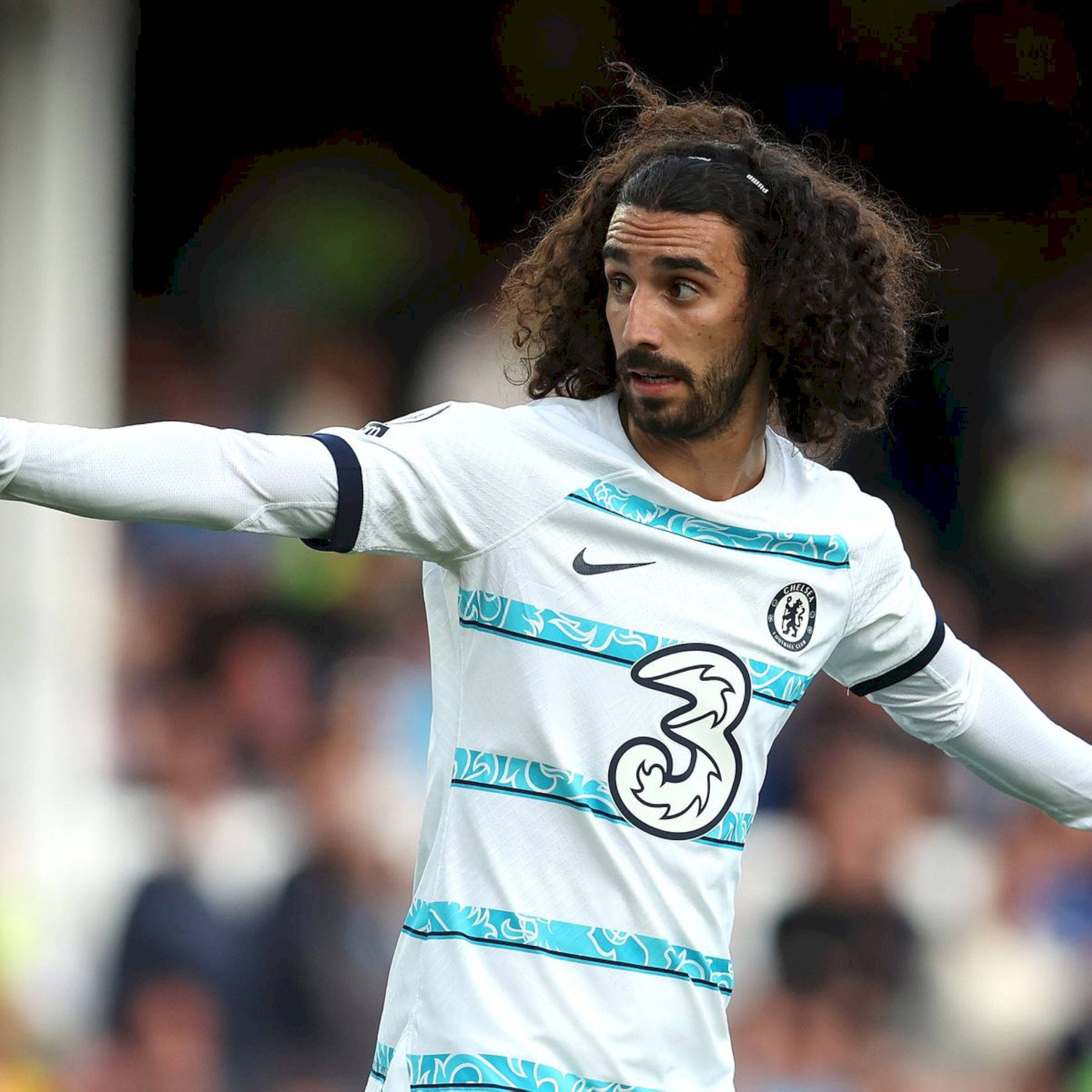 Marc Cucurella, white Chelsea jersey, blue patterns, Full HD Desktop Wallpaper