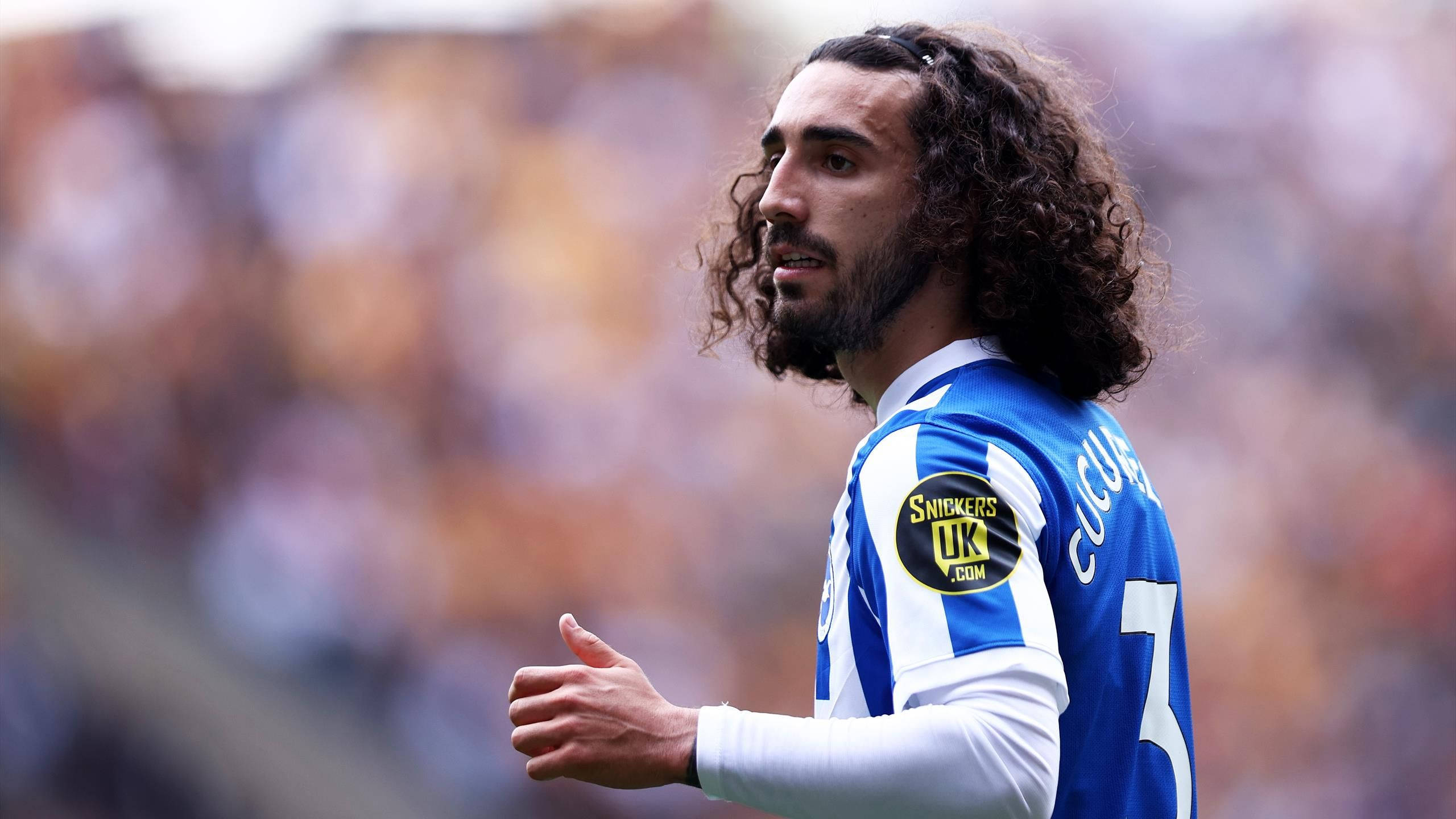 Marc Cucurella, blue and white striped jersey, curly hair, 2K Desktop Wallpaper