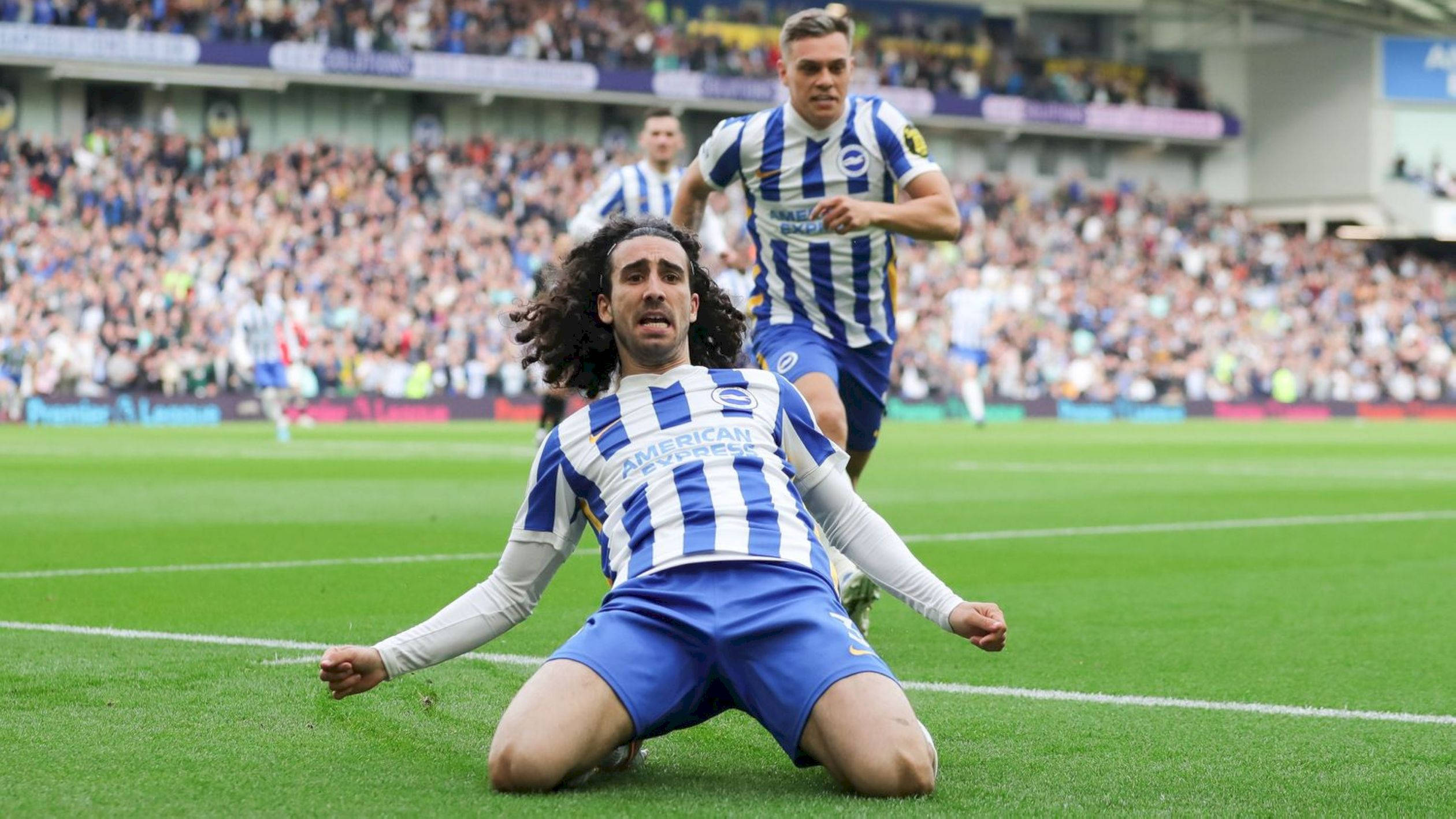 Marc Cucurella, blue and white stripes, grass, Full HD Desktop Wallpaper
