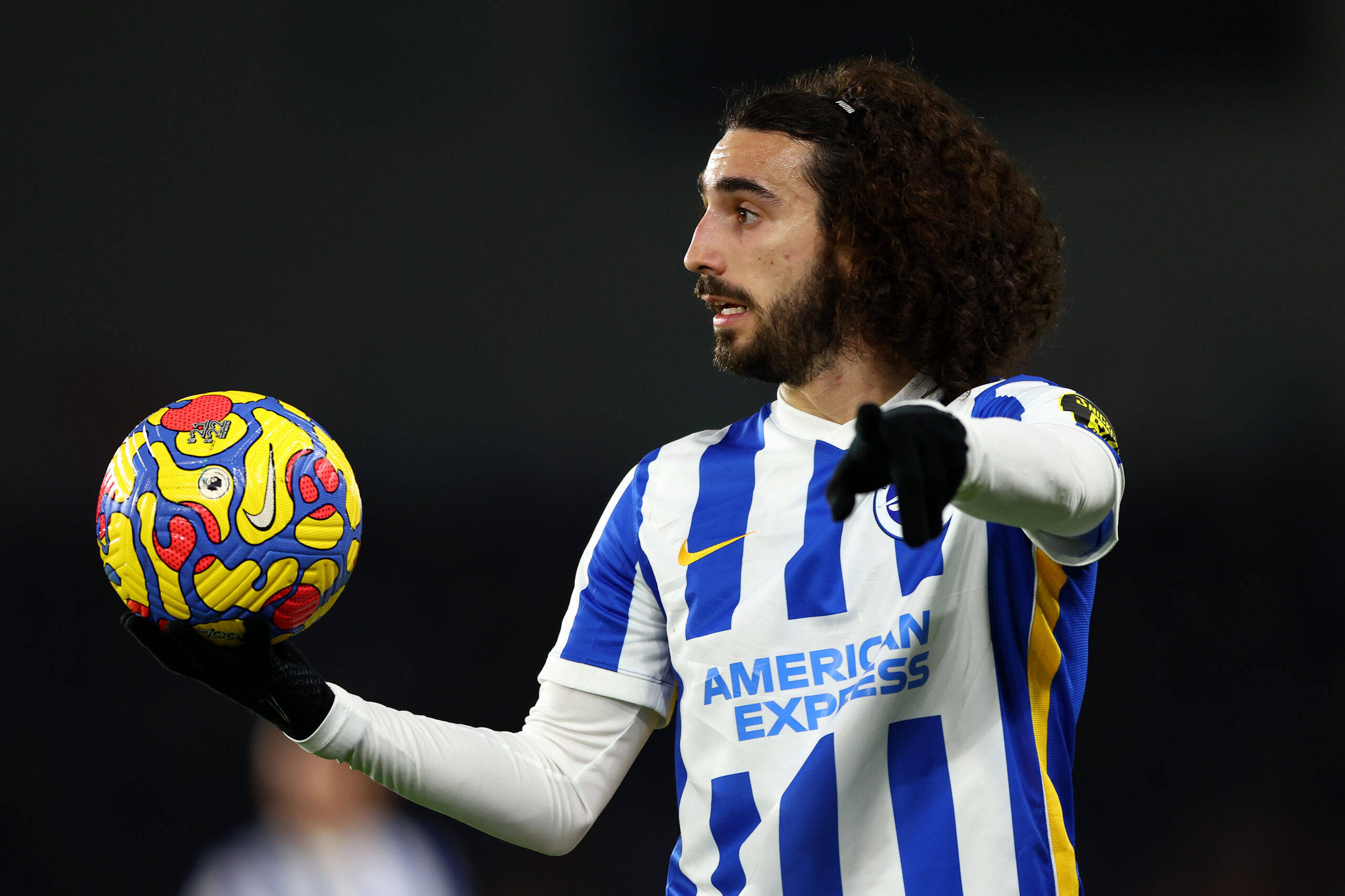 Marc Cucurella, blue and white striped jersey, colorful patterned ball, 2K Desktop Wallpaper